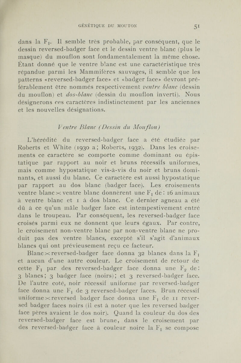 dans la Fj. Il semble très probable, par conséquent, que le dessin reversed-badger face et le dessin ventre blanc (plus le masque) du mouflon sont fondamentalement la même chose. Étant donné que le ventre blanc est une caractéristique très répandue parmi ies Mammifères sauvages, il semble que les patterns «reversed-badger face» et «badger face» devront pré- férablement être nommés respectivement ventre blanc (dessin du mouflon) et dos-blanc (dessin du mouflon inverti). Nous désignerons ces caractères indistinctement par les anciennes et les nouvelles désignations. Ventre Blanc (Dessin du Mouflon) L'hérédité du reversed-badger face a été étudiée par Roberts et White (1930 a; Roberts, 1932). Dans les croise ments ce caractère se comporte comme dominant ou épis- tatique par rapport au noir et bruns récessifs uniformes, mais comme hypostatique vis-à-vis du noir et bruns domi nants, et aussi du blanc. Ce caractère est aussi hypostatique par rapport au dos blanc (badger face). Les croisements ventre blanc x ventre blanc donnèrent une Fj de: 16 animaux à ventre blanc et 1 à dos blanc. Ce dernier agneau a été dû à ce qu'un mâle badger face est intempestivement entré dans le troupeau. Par conséquent, les reversed-badger face croisés parmi eux ne donnent que leurs égaux. Par contre, le croisement non-ventre blanc par non-ventre blanc ne pro duit pas des ventre blancs, excepté s'il s'agit d'animaux blancs qui ont prévieusement reçu ce facteur. Blanc x reversed-badger face donna 32 blancs dans la F t et aucun d'une autre couleur. Le croisement de retour de cette F! par des reversed-badger face donna une F 2 de: 3 blancs; 3 badger face (noirs); et 3 reversed-badger face. De l'autre coté, noir récessif uniforme par reversed-badger face donna une Fj de 3 reversed-badger faces. Brun récessif uniforme x reversed badger face donna une Fj de 11 rever sed badger faces noirs (il est à noter que les reversed badger face pères avaient le dos noir). Quand la couleur du dos des reversed-badger face est brune, dans le croisement par des reversed-badger face à couleur noire la F! se compose