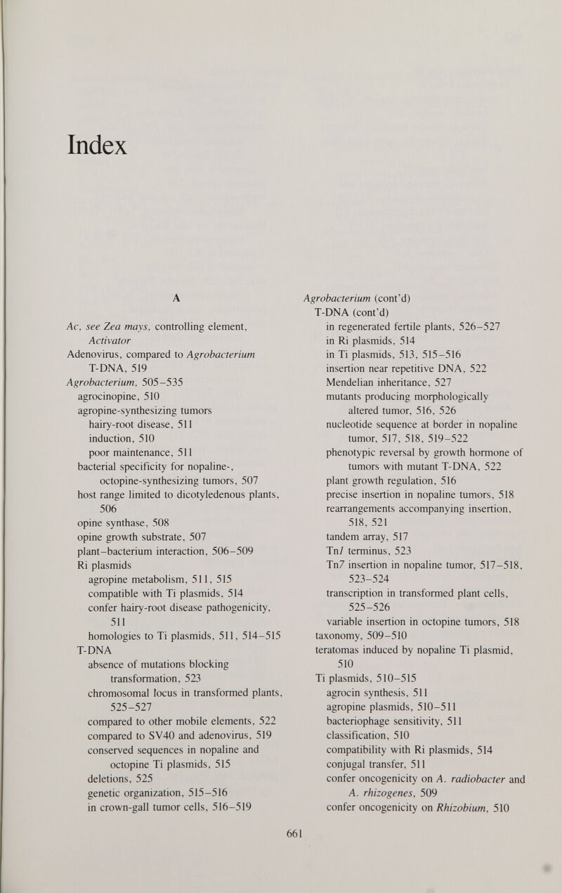 Index A Ac, see Zea mays, controlling element, Activator Adenoviras, compared to Agrobacterium T-DNA, 519 Agrobacterium, 505-535 agrocinopine, 510 agropine-synthesizing tumors hairy-root disease, 511 induction, 510 poor maintenance, 511 bacterial specificity for nopaline-, octopine-synthesizing tumors, 507 host range limited to dicotyledenous plants, 506 opine synthase, 508 opine growth substrate, 507 plant-bacterium interaction, 506-509 Ri Plasmids agropine metabolism, 511, 515 compatible with Ti plasmids, 514 confer hairy-root disease pathogenicity, 511 homologies to Ti plasmids, 511, 514-515 T-DNA absence of mutations blocking transformation, 523 chromosomal locus in transformed plants, 525-527 compared to other mobile elements, 522 compared to SV40 and adenovirus, 519 conserved sequences in nopaline and octopine Ti plasmids, 515 deletions, 525 genetic organization, 515-516 in crown-gall tumor cells, 516-519 Agrobacterium (cont'd) T-DNA (cont'd) in regenerated fertile plants, 526-527 in Ri plasmids, 514 in Ti plasmids, 513, 515-516 insertion near repetitive DNA, 522 Mendelian inheritance, 527 mutants producing moфhologically altered tumor, 516, 526 nucleotide sequence at border in nopaline tumor, 517, 518, 519-522 phenotypic reversal by growth hormone of tumors with mutant T-DNA, 522 plant growth regulation, 516 precise insertion in nopaline tumors, 518 rearrangements accompanying insertion, 518, 521 tandem array, 517 Tn7 terminus, 523 Tn7 insertion in nopaline tumor, 517-518, 523-524 transcription in transformed plant cells, 525-526 variable insertion in octopine tumors, 518 taxonomy, 509-510 teratomas induced by nopaline Ti plasmid, 510 Ti plasmids, 510-515 agrocin synthesis, 511 agropine plasmids, 510-511 bacteriophage sensitivity, 511 classification, 510 compatibility with Ri plasmids, 514 conjugal transfer, 511 confer oncogenicity on A. radiobacter and A. rhizogenes, 509 confer oncogenicity on Rhizobium, 510 661