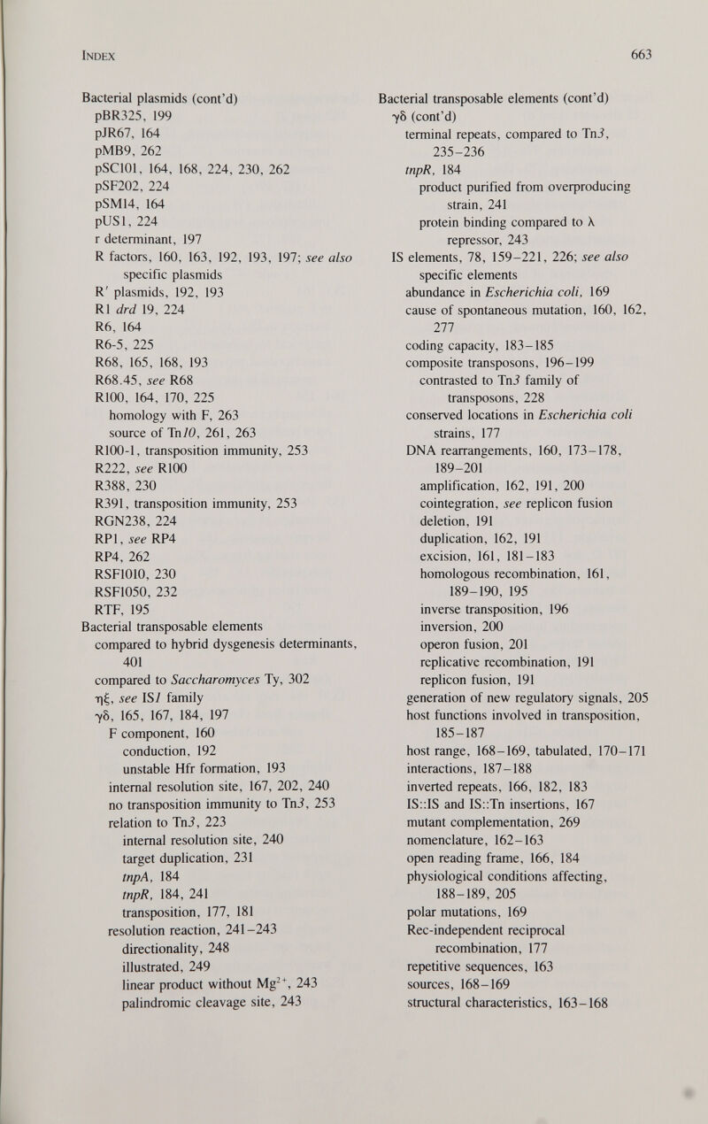 Index 663 Bacterial plasmids (cont'd) pBR325, 199 pJR67, 164 pMB9, 262 pSClOl, 164, 168, 224, 230, 262 pSF202, 224 pSM14, 164 pUSl, 224 r determinant, 197 R factors, 160, 163, 192, 193, 197; see also specific Plasmids R' Plasmids, 192, 193 R1 drd 19, 224 R6, 164 R6-5, 225 R68, 165, 168, 193 R68.45, see R68 RlOO, 164, 170, 225 homology with F, 263 source of ТпУО, 261, 263 RlOO-l, transposition immunity, 253 R222, see RlOO R388, 230 R391, transposition immunity, 253 RGN238, 224 RPl, see RP4 RP4, 262 RSFlOlO, 230 RSF1050, 232 RTF, 195 Bacterial transposable elements compared to hybrid dysgenesis determinants, 401 compared to Saccharomyces Ту, 302 Ti^, see IS I family 7Ô, 165, 167, 184, 197 F component, 160 conduction, 192 unstable Hfr formation, 193 internal resolution site, 167, 202, 240 no transposition immunity to TnJ, 253 relation to Tni, 223 internal resolution site, 240 target duplication, 231 tnpA, 184 tnpR, 184, 241 transposition, 177, 181 resolution reaction, 241-243 directionality, 248 illustrated, 249 linear product without Mg^^, 243 palindromic cleavage site, 243 Bacterial transposable elements (cont'd) yb (cont'd) terminal repeats, compared to Tni, 235-236 tnpR, 184 product purified from oveфroducing strain, 241 protein binding compared to \ repressor, 243 IS elements, 78, 159-221, 226; see also specific elements abundance in Escherichia coli, 169 cause of spontaneous mutation, 160, 162, 277 coding capacity, 183-185 composite transposons, 196-199 contrasted to Tn5 family of transposons, 228 conserved locations in Escherichia coli strains, 177 DNA rearrangements, 160, 173-178, 189-201 amplification, 162, 191, 2(Ю cointegration, see replicón fusion deletion, 191 duplication, 162, 191 excision, 161, 181-183 homologous recombination, 161, 189-190, 195 inverse transposition, 196 inversion, 2(Ю Operon fusion, 201 replicative recombination, 191 replicón fusion, 191 generation of new regulatory signals, 205 host functions involved in transposition, 185-187 host range, 168-169, tabulated, 170-171 interactions, 187-188 inverted repeats, 166, 182, 183 IS::IS and IS:;Tn insertions, 167 mutant complementation, 269 nomenclature, 162-163 open reading frame, 166, 184 physiological conditions affecting, 188-189, 205 polar mutations, 169 Rec-independent reciprocal recombination, 177 repetitive sequences, 163 sources, 168-169 structural characteristics, 163-168