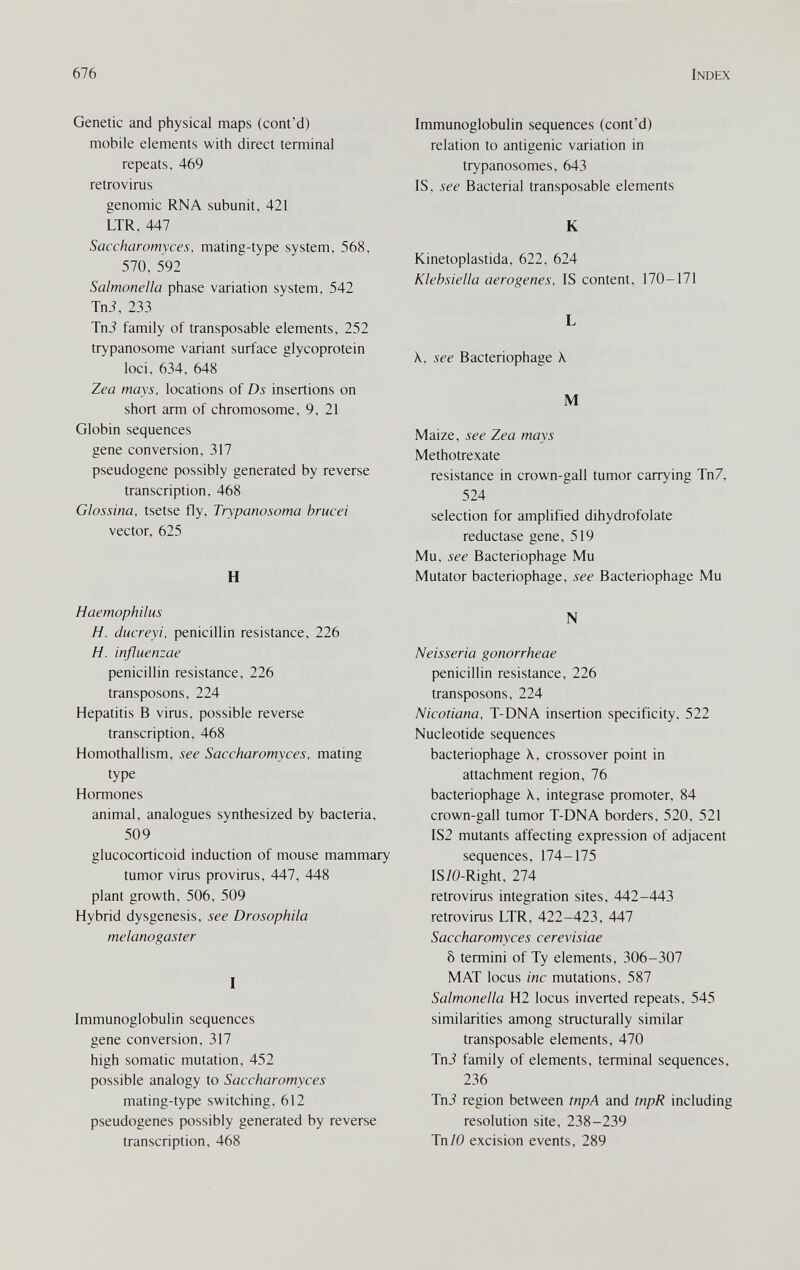 676 Index Genetic and physical maps (cont'd) mobile elements with direct terminal repeats. 469 retrovirus genomic RNA subunit, 421 LTR, 447 Saccharomyces, mating-type system, 568, 570, 592 Salmonella phase variation system, 542 Tni, 233 Tni family of transposable elements, 252 trypanosome variant surface glycoprotein loci, 634, 648 Zea mays, locations of Ds insertions on short arm of chromosome, 9, 21 Globin sequences gene conversion, 317 pseudogene possibly generated by reverse transcription, 468 Glossina, tsetse fly, Trypanosoma brucei vector, 625 H Haemophilus H. ducreyi, penicillin resistance, 226 H. influenzae penicillin resistance, 226 transposons, 224 Hepatitis В virus, possible reverse transcription, 468 Homothallism, see Saccharomyces, mating type Hormones animal, analogues synthesized by bacteria, 509 glucocorticoid induction of mouse mammary tumor virus provirus, 447, 448 plant growth, 506, 509 Hybrid dysgenesis, see Drosophila melanogaster I Immunoglobulin sequences gene conversion, 317 high somatic mutation, 452 possible analogy to Saccharomyces mating-type switching, 612 pseudogenes possibly generated by reverse transcription, 468 Immunoglobulin sequences (cont'd) relation to antigenic variation in trypanosomes, 643 IS, see Bacterial transposable elements К Kinetoplastida, 622, 624 Klebsiella aerogenes, IS content, 170-171 L X, see Bacteriophage X M Maize, see Zea mays Methotrexate resistance in crown-gall tumor carrying Tn7, 524 selection for amplified dihydrofolate reductase gene, 519 Mu, see Bacteriophage Mu Mutator bacteriophage, see Bacteriophage Mu N Neisseria gonorrheae penicillin resistance, 226 transposons, 224 Nicotiana, T-DNA insertion specificity, 522 Nucleotide sequences bacteriophage X, crossover point in attachment region, 76 bacteriophage X, integrase promoter, 84 crown-gall tumor T-DNA borders, 520, 521 IS2 mutants affecting expression of adjacent sequences, 174-175 IS/O-Right, 274 retrovirus integration sites, 442-443 retrovirus LTR, 422-423, 447 Saccharomyces cerevisiae Ô termini of Ту elements, 306-307 MAT locus ine mutations, 587 Salmonella H2 locus inverted repeats, 545 similarities among structurally similar transposable elements, 470 Tni family of elements, terminal sequences, 236 Tn5 region between tnpA and tnpR including resolution site, 238-239 Tn/0 excision events, 289