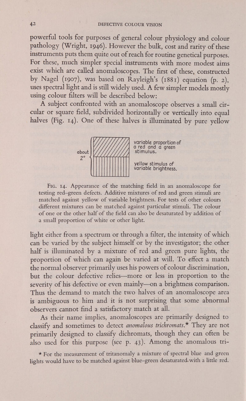 44 DEFECTIVE COLOUR VISION Dichromats may match every brightness setting of the yellow^ w^ith a different mixture of red and green, but anomalous trichromats will neither produce nor accept matches to very light or very dark yellow, but only a much narrower range of matches at intermediate values of yellow. Within these limits they will produce repeatable red-green mixtures somewhat varying with brightness. Protanomalous people vñll produce mixtures within a range decidedly too red for the normal person while deuteranomalous people produce matches which are too green. To assess the defect of a colour-blind person it is necessary to consider both the mid-point and the range of his matches (Willis and Fams worth, 1952). Anomaloscope readings provide respectable measurements by which to assess the degree of both anomalies; but these are not unequivocal. As a rule anomalous trichromats making more severely erroneous matches also perform more poorly on chart tests than those with a more nearly normal performance; but as this is not always so, anomaloscope readings cannot by themselves uniquely grade the degree of trichromasy. On the other hand anomaloscope readings remain constant characteristics of an individual and are also very similar in the affected members of a family (for females, however, see p. 50) when they are caused by the same gene. Before describing some typical makes of anomaloscopes a few general remarks concerning their use are necessary. Tests may be performed in the dark or in moderate illumination, but not in the sunshine or in competition with glaring lights. The surrounds of the matching field and eye pieces, if they are used, should be black or neutral grey and the size and distance of the viewed area standardized. The visual angle of the matching area in the instruments with a fixed viewing distance varies a great deal—between 2° 15, in the Hecht- ScUaer and 9° in the Double Dichroid Polaroid (Wilhs and Farns worth, 1952). On an instrument having a circular matching area of 18 mm diameter, which can be viewed from different distances, Horner and Purslow (1948) showed that the relative amount of red and green light needed by several observers to match the yellow changed considerably from a distance of 50 cm (corresponding to about 2 degrees) to 4 metres (corresponding to about 15 minutes): while viewing at 50 cm most observers have very similar matches, but when viewing from greater distances they differ in the amount of the green component which they have to add to their original match. The addition of green light could, however, be greatly reduced by