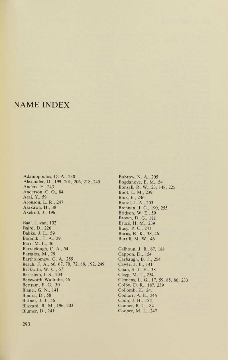 NAME INDEX Adamopoulos, D. A., 230 Alexander, D., 199, 201, 206, 218, 245 Anders, F., 243 Anderson, C. O., 84 Arai, Y., 59 Aronson, L. R., 247 Asakawa, H., 38 Axelrod, J., 196 Baal, J. van, 132 Baird, D., 226 Bakke, J. L., 59 Baramki, T. A., 29 Barr, M. L., 30 Barraclough, С. A., 54 Bartalos, M., 29 Bartholomew, G. A., 255 Beach, F. A., 66, 67, 70, 72, 88, 192, 249 Beckwith, W. C., 67 Bernstein, I. S., 234 Berswordt-Wallrabe, 46 Bertram, E. G., 30 Bianci, G. N., 141 Bindra, D., 58 Bittner, J. J., 56 Blizzard, R. M., 196, 203 Blumer, D., 241 Bobrow, N. A., 205 Bogdanove, E. M., 54 Bonsall, R. W., 23, 148, 225 Boot, L. M., 239 Bors, е., 246 Brasel, J. A., 203 Brennan, J. G., 190, 255 Bridson, W. E., 59 Brown, D. G., 181 Bruce, H. M., 239 Buey, P. C., 241 Burns, R. K., 38, 46 Burrill, M. W., 46 Calhoun, J. В., 67, 188 Cappon, D., 154 Carbaugh, B. T., 254 Cawte, J. E., 141 Chan, S. T. H., 38 Clegg, M. T., 254 Clemens, L. G., 17, 59, 85, 86, 233 Colby, D. R., 187, 239 Collomb, H., 241 Comarr, A. E., 246 Conn, J. H., 182 Conner, R. L., 84 Cooper, M. L., 247 293