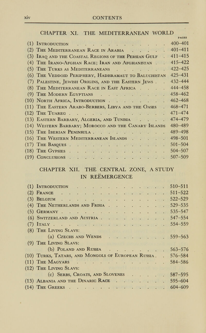 xiv CONTENTS CHAPTER XI. THE MEDITERRANEAN WORLD PAGES (1) Introduction 400-401 (2) The Mediterranean Rage in Arabia 401-411 (3) Iraq and the Coastal Regions of the Persian Gulf 411-415 (4) The Irano-Afghan Race; Iran and Afghanistan . 415-422 (5) The Turks as Mediterraneans 422-425 (6) The Veddoid Periphery, Hadhramaut to Baluchistan 425-431 (7) Palestine, Jewish Origins, and the Eastern Jews . . 432-444 (8) The Mediterranean Race in East Africa .... 444-458 (9) The Modern Egyptians 458-462 (10) North Africa, Introduction 462-468 (11) The Eastern Arabo-Berbers, Libya and the Oases 468-471 (12) The Tuareg 471-474 (13) Eastern Barbary, Algeria, and Tunisia .... 474-479 (14) Western Barbary; Morocco and the Canary Islands 480-489 (15) The Iberian Peninsula 489-498 (16) The Western Mediterranean Islands 498-501 (17) The Basques 501-504 (18) The Gypsies 504-507 (19) Conclusions 507-509 CHAPTER XII. THE CENTRAL ZONE, A STUDY IN REËMERGENCE (1) Introduction 510-511 (2) France 511-522 (3) Belgium 522-529 (4) The Netherlands and Frisia 529-535 (5) Germany 535-547 (6) Switzerland and Austria 547-554 (7) Italy 554-559 (8) The Living Slavs: (a) Czechs and Wends 559-563 (9) The Living Slavs: (b) Poland and Russia 563-576 (10) Turks, Tatars, and Mongols of European Russia. . 576-584 (11) The Magyars 584-586 (12) The Living Slavs: (c) Serbs, Croats, and Slovenes 587-595 (13) Albania and the Dinaric Race 595-604 (14) The Greeks 604-609