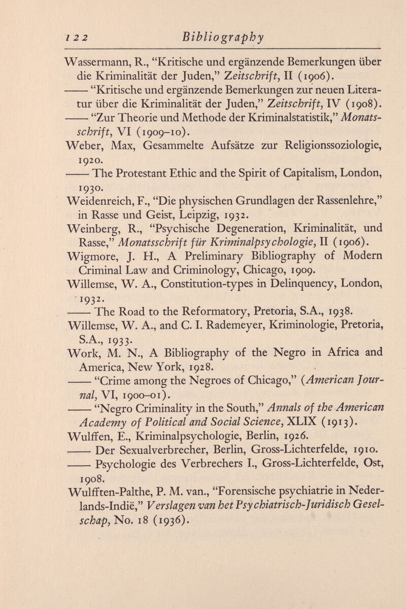 Wassermann, R., Kritische und ergänzende Bemerkungen über die Kriminalität der Juden, Zeitschrift, II (1906). Kritische und ergänzende Bemerkungen zur neuen Litera tur über die Kriminalität der Juden, Zeitschrift, IV (1908). Zur Theorie und Methode der Kriminalstatistik, Monats schrift, VI (1909-10). Weber, Max, Gesammelte Aufsätze zur Religionssoziologie, 1920. The Protestant Ethic and the Spirit of Capitalism, London, 1930. Weidenreich, F., Die physischen Grundlagen der Rassenlehre, in Rasse und Geist, Leipzig, 1932. Weinberg, R., Psychische Degeneration, Kriminalität, und Rasse, Monatsschrift für Kriminalpsychologie, II (1906). Wigmore, J. H., A Preliminary Bibliography of Modern Criminal Law and Criminology, Chicago, 1909. Willemse, W. A., Constitution-types in Delinquency, London, 1932. The Road to the Reformatory, Pretoria, S.A., 1938. Willemse, W. A., and C. I. Rademeyer, Kriminologie, Pretoria, S.A., 1933. Work, M. N., A Bibliography of the Negro in Africa and America, New York, 1928. Crime among the Negroes of Chicago, ( American Jour nal, VI, 1900-01). Negro Criminality in the South, Annals of the American Academy of Political and Social Science, XLIX (1913). Wulffen, E., Kriminalpsychologie, Berlin, 1926. Der Sexualverbrecher, Berlin, Gross-Lichterfelde, 1910. Psychologie des Verbrechers I., Gross-Lichterfelde, Ost, 1908. Wulfften-Palthe, P. M. van., Forensische psychiatrie in Neder- lands-Indië, Verslagen van het Psy chiatrisch-Juridisch Gesel- schap, No. 18 (1936).