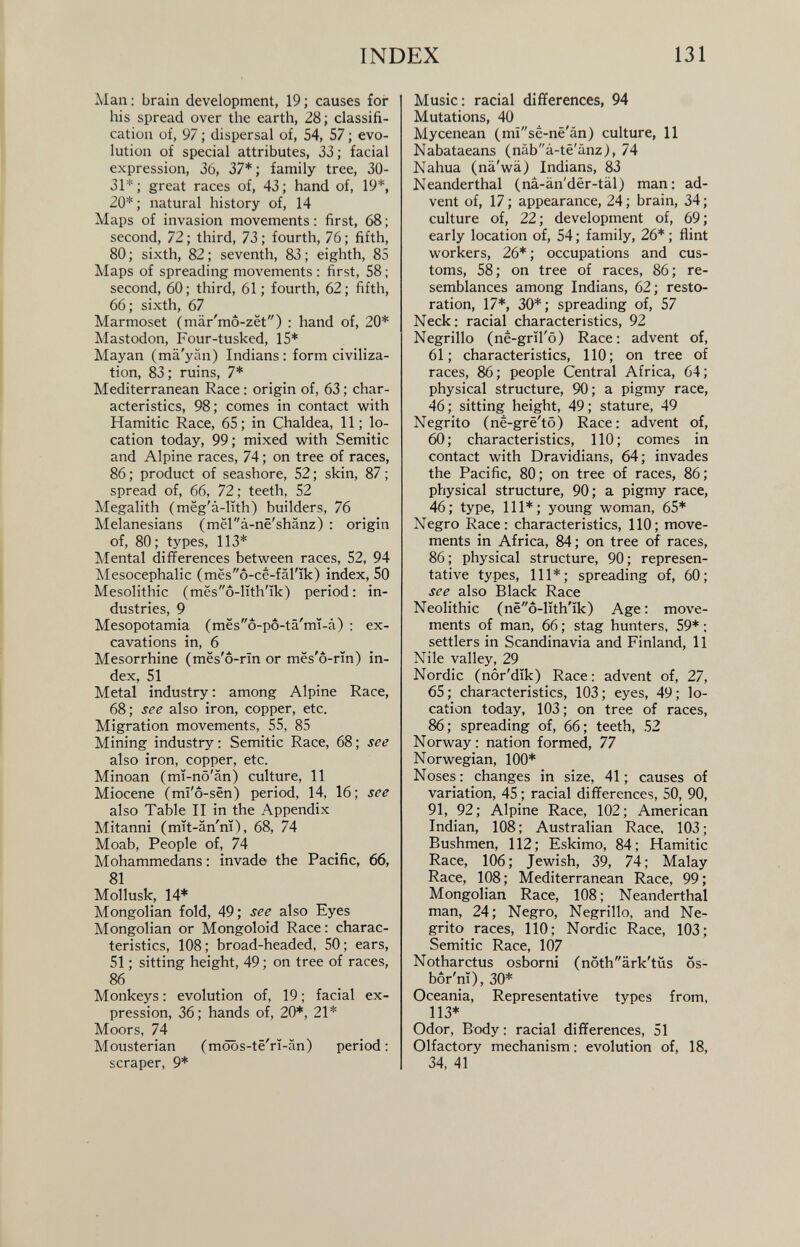 Man: brain development, 19; causes for his spread over the earth, 28; classifi cation of, 97; dispersal of, 54, 57; evo lution of special attributes, 33; facial expression, 36, 37*; family tree, 30- 31*; great races of, 43; hand of, 19*, 20*; natural history of, 14 Maps of invasion movements: first, 68 ; second, 72; third, 73 ; fourth, 76; fifth, 80; sixth, 82; seventh, 83; eighth, 85 Maps of spreading movements: first, 58; second, 60; third, 61; fourth, 62; fifth, 66 ; sixth, 67 Marmoset (mar'mo-zet) : hand of, 20* Mastodon, Four-tusked, 15* Mayan (ma'yim) Indians : form civiliza tion, 83; ruins, 7* Mediterranean Race: origin of, 63; char acteristics, 98; comes in contact with Hamitic Race, 65; in Chaldea, 11; lo cation today, 99; mixed with Semitic and Alpine races, 74; on tree of races, 86 ; product of seashore, 52; skin, 87; spread of, 66 , 72; teeth, 52 Megalith (meg'a-Hth) builders, 76 Melanesians (mela-ne'shanz) : origin of, 80; types, 113* Mental differences between races, 52, 94 Mesocephalic (mes 6 -ce-fal'ik) index, 50 Mesolithic (meso-lith'ik) period: in dustries, 9 Mesopotamia (mes 6 -p 6 -ta'mi-a) : ex cavations in, 6 Mesorrhine (mes' 6 -rln or mes' 6 -rin) in dex, 51 Metal industry: among Alpine Race, 68 ; see also iron, copper, etc. Migration movements, 55, 85 Mining industry: Semitic Race, 68 ; see also iron, copper, etc. Minoan (mi-no'an) culture, 11 Miocene (mi' 6 -sen) period, 14, 16; see also Table II in the Appendix Mitanni (mit-an'ni), 68 , 74 Moab, People of, 74 Mohammedans: invade the Pacific, 66 , 81 Mollusk, 14* Mongolian fold, 49; see also Eyes Mongolian or Mongoloid Race: charac teristics, 108; broad-headed, 50; ears, 51; sitting height, 49; on tree of races, 86 Monkeys: evolution of, 19; facial ex pression, 36; hands of, 20*, 21* Moors, 74 Mousterian (mobs-te'rl-an) period: scraper, 9* Music: racial differences, 94 Mutations, 40 Mycenean (mìsé-nè'àn) culture, 11 Nabataeans (nàbà-tè'ànz,), 74 Nahua (nà'wà) Indians, 83 Neanderthal (nà-an'dèr-tàl) man: ad vent of, 17; appearance, 24; brain, 34; culture of, 22; development of, 69; early location of, 54; family, 26*; flint workers, 26* ; occupations and cus toms, 58; on tree of races, 86 ; re semblances among Indians, 62; resto ration, 17*, 30*; spreading of, 57 Neck: racial characteristics, 92 Negrillo (ne-gril'o) Race: advent of, 61; characteristics, 110 ; on tree of races, 86 ; people Central Africa, 64; physical structure, 90; a pigmy race, 46; sitting height, 49; stature, 49 Negrito (ne-gré'tò) Race: advent of, 60; characteristics, 110 ; comes in contact with Dravidians, 64; invades the Pacific, 80; on tree of races, 86 ; physical structure, 90; a pigmy race, 46; type, 111*; young woman, 65* Negro Race: characteristics, 110; move ments in Africa, 84; on tree of races, 86 ; physical structure, 90; represen tative types, 111 *; spreading of, 60; see also Black Race Neolithic (néó-lith'ik) Age: move ments of man, 66 ; stag hunters, 59* ; settlers in Scandinavia and Finland, 11 Nile valley, 29 Nordic (nor'dik) Race: advent of, 27, 65 ; characteristics, 103 ; eyes, 49 ; lo cation today, 103 ; on tree of races, 86 ; spreading of, 66 ; teeth, 52 Norway: nation formed, 77 Norwegian, 100* Noses : changes in size, 41 ; causes of variation, 45; racial differences, 50, 90, 91, 92 ; Alpine Race, 102 ; American Indian, 108; Australian Race, 103; Bushmen, 112; Eskimo, 84; Hamitic Race, 106; Jewish, 39, 74; Malay Race, 108 ; Mediterranean Race, 99 ; Mongolian Race, 108; Neanderthal man, 24; Negro, Negrillo, and Ne grito races, 110; Nordic Race, 103; Semitic Race, 107 Notharctus osborni (nóthàrk'tus ós- bór'ni), 30* Oceania, Representative types from, 113* Odor, Body : racial differences, 51 Olfactory mechanism : evolution of, 18, 34, 41