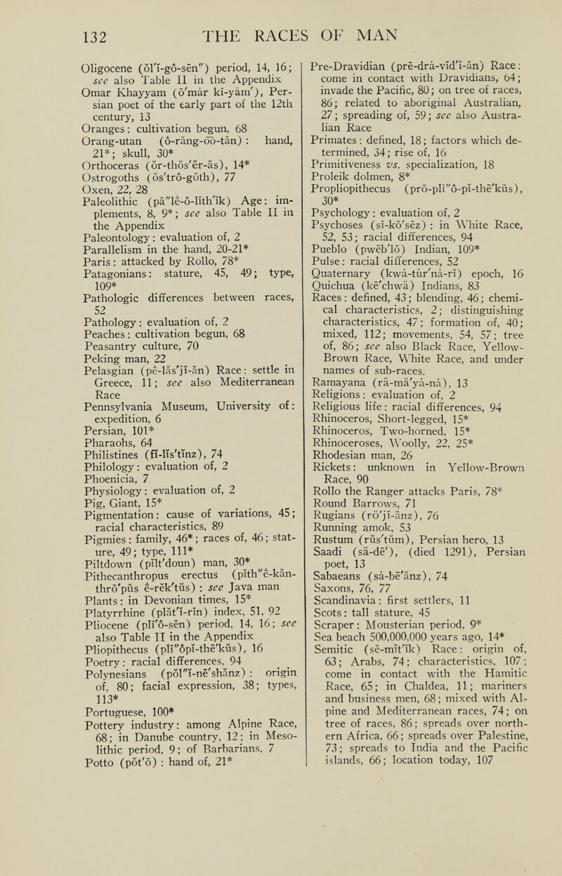 Oligocene (ol'i-go-sen) period, 14, ] 6 ; see also Table II in the Appendix Omar Khayyam (o'mar ki-yam'), Per sian poet of the early part of the 12 th century, 13 Oranges: cultivation begun, 68 Orang-utan (o-rang-do-tan) : hand, 21*; skull, 30* Orthoceras (or-thos'er-as), 14* Ostrogoths (os'tro-goth), 77 Oxen, 22, 28 Paleolithic (pale-o-lith'ik) Age: im plements, 8 , 9*; see also Table II in the Appendix Paleontology : evaluation of, 2 Parallelism in the hand, 20-21* Paris: attacked by Rollo, 78* Patagonians: stature, 45, 49; type, 109* Pathologic differences between races, 52 Pathology: evaluation of, 2 Peaches: cultivation begun, 68 Peasantry culture, 70 Peking man, 22 Pelasgian (pe-las'ji-an) Race: settle in Greece, 11; see also Mediterranean Race Pennsylvania Museum, University of: expedition, 6 Persian, 101* Pharaohs, 64 Philistines (fi-lis'tinz), 74 Philology: evaluation of, 2 Phoenicia, 7 Physiology: evaluation of, 2 Pig, Giant, 15* Pigmentation: cause of variations, 45; racial characteristics, 89 Pigmies : family, 46*; races of, 46; stat ure, 49; type, 111* Piltdown (pilt'doun) man, 30* Pithecanthropus erectus (plthe-kan- thro'pus e-rek'tus) : see Java man Plants: in Devonian times, 15* Platyrrhine (plat'i-rin) index, 51, 92 Pliocene (pli' 6 -sen) period, 14, 16; see also Table II in the Appendix Pliopithecus (plT'opi-the'kus), 16 Poetry: racial differences, 94 Polynesians (p61i-ne'shanz) : origin of. 80; facial expression, 38; types, 113* Portuguese, 100* Pottery industry: among Alpine Race, 68 ; in Danube country, 12; in Meso lithic period, 9; of Barbarians, 7 Potto (pot'o) : hand of, 21* Pre-Dravidian (prë-drâ-vïd'ï-ân) Race : come in contact with Dravidians, 64; invade the Pacific, 80 ; on tree of races, 86 ; related to aboriginal Australian, 27 ; spreading of, 59 ; see also Austra lian Race Primates : defined, 18 ; factors which de termined, 34; rise of, 16 Primitiveness vs. specialization, 18 Proleik dolmen, 8 * Propliopithecus (prô-plîÔ-pî-thë'küs), 30* Psychology : evaluation of, 2 Psychoses (sî-kô'sëz) : in White Race, 52, 53; racial differences, 94 Pueblo (pwëb'lô) Indian, 109* Pulse : racial differences, 52 Quaternary (kwà-tûr'nà-rï) epoch, 16 Quichua (kë'chwâ) Indians, 83 Races : defined, 43 ; blending, 46 ; chemi cal characteristics, 2 ; distinguishing characteristics, 47; formation of, 40; mixed, 112; movements, 54, 57; tree of, 86 ; see also Black Race, Yellow- Brown Race, White Race, and under names of sub-races. Ramayana (rà-mà'yà-nà), 13 Religions : evaluation of, 2 Religious life : racial differences, 94 Rhinoceros, Short-legged, 15* Rhinoceros, Two-horned, 15* Rhinoceroses, Woolly, 22, 25* Rhodesian man, 26 Rickets: unknown in Yellow-Brown Race, 90 Rollo the Ranger attacks Paris, 78* Round Barrows, 71 Rugians (ro'jï-ânz), 76 Running amok, 53 Rustum (rüs'tüm), Persian hero, 13 Saadi (sâ-dë'), (died 1291), Persian poet, 13 Sabaeans (sà-bë'ànz), 74 Saxons, 76, 77 Scandinavia: first settlers, 11 Scots : tall stature, 45 Scraper : Mousterian period, 9* Sea beach 500,000,000 years ago, 14* Semitic (së-mït'ïk) Race: origin of, 63 ; Arabs, 74 ; characteristics, 107 ; come in contact with the Hamitic Race, 65; in Chaldea, 11; mariners and business men, 68 ; mixed with Al pine and Mediterranean races, 74; on tree of races, 86 ; spreads over north ern Africa, 66 ; spreads over Palestine, 73 ; spreads to India and the Pacific islands, 66 ; location today, 107