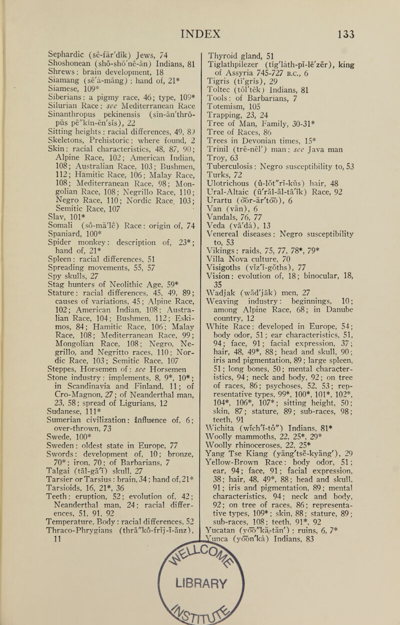 Sephardic (se-fàr'dik) Jews, 74 Shoshonean (shó-shò'ne-àn) Indians, 81 Shrews : brain development, 18 Siamang (sè'à-màng) : hand of, 21* Siamese, 109* Siberians: a pigmy race, 46; type, 109* Silurian Race : see Mediterranean Race Sinanthropus pekinensis (sin-àn'thrò- pùs pèkin-èn'sis), 22 Sitting heights : racial differences, 49, 89 Skeletons, Prehistoric : where found, 2 Skin : racial characteristics, 48, 87, 90 ; Alpine Race, 102 ; American Indian, 108; Australian Race, 103; Bushmen, 112; Hamitic Race, 106; Malay Race, 108; Mediterranean Race, 98; Mon golian Race, 108; Negrillo Race, 110; Negro Race, 110; Nordic Race, 103; Semitic Race, 107 Slav, 101* Somali (so-ma'le) Race: origin of, 74 Spaniard, 100* Spider monkey : description of, 23* ; hand of, 21 * Spleen : racial differences, 51 Spreading movements, 55, 57 Spy skulls, 27 Stag hunters of Neolithic Age, 59* Stature : racial differences, 45, 49, 89 ; causes of variations, 45 ; Alpine Race, 102 ; American Indian, 108 ; Austra lian Race, 104; Bushmen, 112; Eski mos, 84; Hamitic Race, 106; Malay Race, 108; Mediterranean Race, 99; Mongolian Race, 108: Negro, Ne grillo, and Negritto races, 110; Nor dic Race, 103 ; Semitic Race, 107 Steppes, Horsemen of : see Horsemen Stone industry : implements, 8 , 9*, 10* ; in Scandinavia and Finland, 11 ; of Cro-Magnon, 27 ; of Neanderthal man, 23, 58 ; spread of Ligurians, 12 Sudanese, 111* Sumerian civilization : influence of, 6 ; over-thrown, 73 Swede, 100* Sweden : oldest state in Europe, 77 Swords: development of, 10; bronze, 70* ; iron, 70 : of Barbarians, 7 Talgai (tàl-gà'T) skull, 27 Tarsier orTarsius : brain, 34; hand of, 21* Tarsioids, 16, 21*, 36 Teeth: eruption, 52; evolution of, 42; Neanderthal man, 24 ; racial differ ences, 51, 91, 92 Temperature, Body : racial differences, 52 Thraco-Phrygians (thràkó-frij -i-anz), 11 Thyroid gland, 51 Tiglathpilezer (tlg'lath-pi-le'zer), king of Assyria 745-727 b.c., 6 Tigris (ti'gris), 29 Toltec (tol'tek) Indians, 81 Tools; of Barbarians, 7 Totemism, 105 Trapping, 23, 24 Tree of Man, Family, 30-31* Tree of Races, 86 Trees in Devonian times, 15* Trinil (tre-nel') man: sec Java man Troy, 63 Tuberculosis : Negro susceptibility to, 53 Turks, 72 Ulotrichous (u-lotri-kus) hair, 48 Ural-Altaic (u'ral-al-ta'ik) Race, 92 Urartu (dor-ar'too), 6 Van (van), 6 Vandals, 76, 77 Veda (va'da), 13 Venereal diseases: Negro susceptibility to, 53 Vikings: raids, 75, 77, 78*, 79* Villa Nova culture, 70 Visigoths (viz'i-goths), 77 Vision: evolution of, 18; binocular, 18, 35 Wadjak (wad'jak) men, 27 Weaving industry: beginnings, 10; among Alpine Race, 68 ; in Danube country, 12 White Race: developed in Europe, 54; body odor, 51; ear characteristics, 51, 94; face, 91; facial expression, 37; hair, 48, 49*, 88 ; head and skull, 90; iris and pigmentation, 89 ; large spleen, 51; long bones, 50; mental character istics, 94; neck and body, 92; on tree of races, 86 ; psychoses, 52, 53; rep resentative types, 99*, 100*, 101*, 102*, 104*, 106*, 107*; sitting height, 50; skin, 87; stature, 89; sub-races, 98; teeth, 91 Wichita (wich'i-to) Indians, 81* Woolly mammoths, 22, 25*, 29* Woolly rhinoceroses, 22, 25* Yang Tse Kiang (yang'tse-kvang'), 29 Yellow-Brown Race: body odor, 51; ear, 94; face, 91; facial expression, 38; hair, 48, 49*, 88 ; head and skull, 91; iris and pigmentation, 89: mental characteristics, 94; neck and body, 92; on tree of races, 86 ; representa tive types, 109* ; skin, 88 ; stature, 89; sub-races, 108: teeth, 91*, 92 Yucatan (vdbka-tan') : ruins, 6 , 7* Tunca (yoon'ka) Indians, 83 # ACo « '<8 LIBRARY