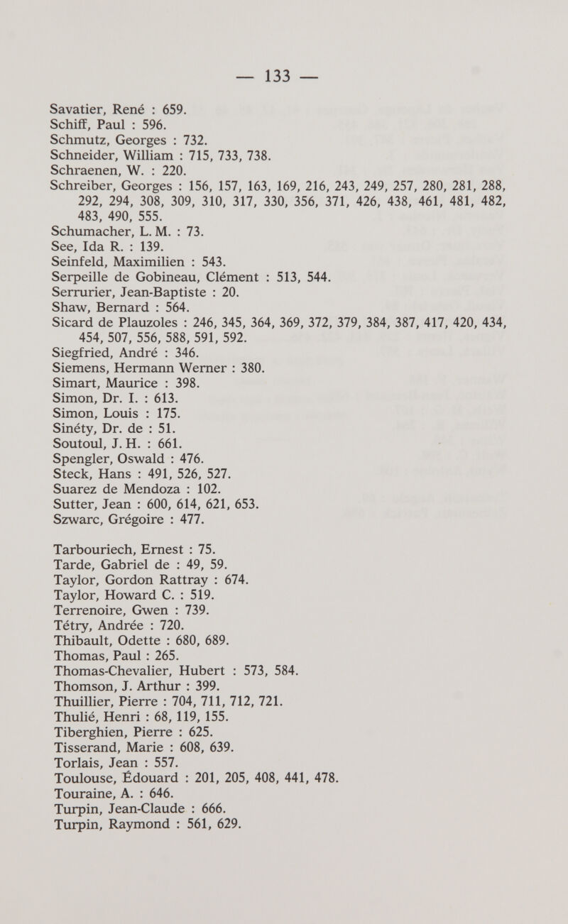 — 133 — Savatier, René : 659. Schiff, Paul : 596. Schmutz, Georges : 732. Schneider, WilHam : 715, 733, 738. Schraenen, W. : 220. Schreiber, Georges : 156, 157, 163, 169, 216, 243, 249, 257, 280, 281, 288, 292, 294, 308, 309, 310, 317, 330, 356, 371, 426, 438, 461, 481, 482, 483, 490, 555. Schumacher, L. M. : 73. See, Ida R. : 139. Seinfeld, Maximilien : 543. Serpeille de Gobineau, Clément ; 513, 544. Serrurier, Jean-Baptiste : 20. Shaw, Bernard : 564. Sicard de Plauzoles : 246, 345, 364, 369, 372, 379, 384, 387, 417, 420, 434, 454, 507, 556, 588, 591, 592. Siegfried, André : 346. Siemens, Hermann Werner : 380. Simart, Maurice : 398. Simon, Dr. I. : 613. Simon, Louis : 175. Sinéty, Dr. de : 51. Soutoul, J. H. : 661. Spengler, Oswald : 476. Steck, Hans : 491, 526, 527. Suarez de Mendoza : 102. Sutter, Jean : 600, 614, 621, 653. Szwarc, Grégoire : 477. Tarbouriech, Ernest : 75. Tarde, Gabriel de : 49, 59. Taylor, Gordon Rattray : 674. Taylor, Howard C. : 519. Terrenoire, Gwen : 739. Tétry, Andrée : 720. Thibault, Odette : 680, 689. Thomas, Paul : 265. Thomas-Chevalier, Hubert : 573, 584. Thomson, J. Arthur : 399. Thuillier, Pierre : 704, 711, 712, 721. Thulié, Henri : 68, 119, 155. Tiberghien, Pierre : 625. Tisserand, Marie ; 608, 639. Torlais, Jean : 557. Toulouse, Edouard : 201, 205, 408, 441, 478. Touraine, A. ; 646. Turpin, Jean-Claude : 666. Turpin, Raymond : 561, 629.