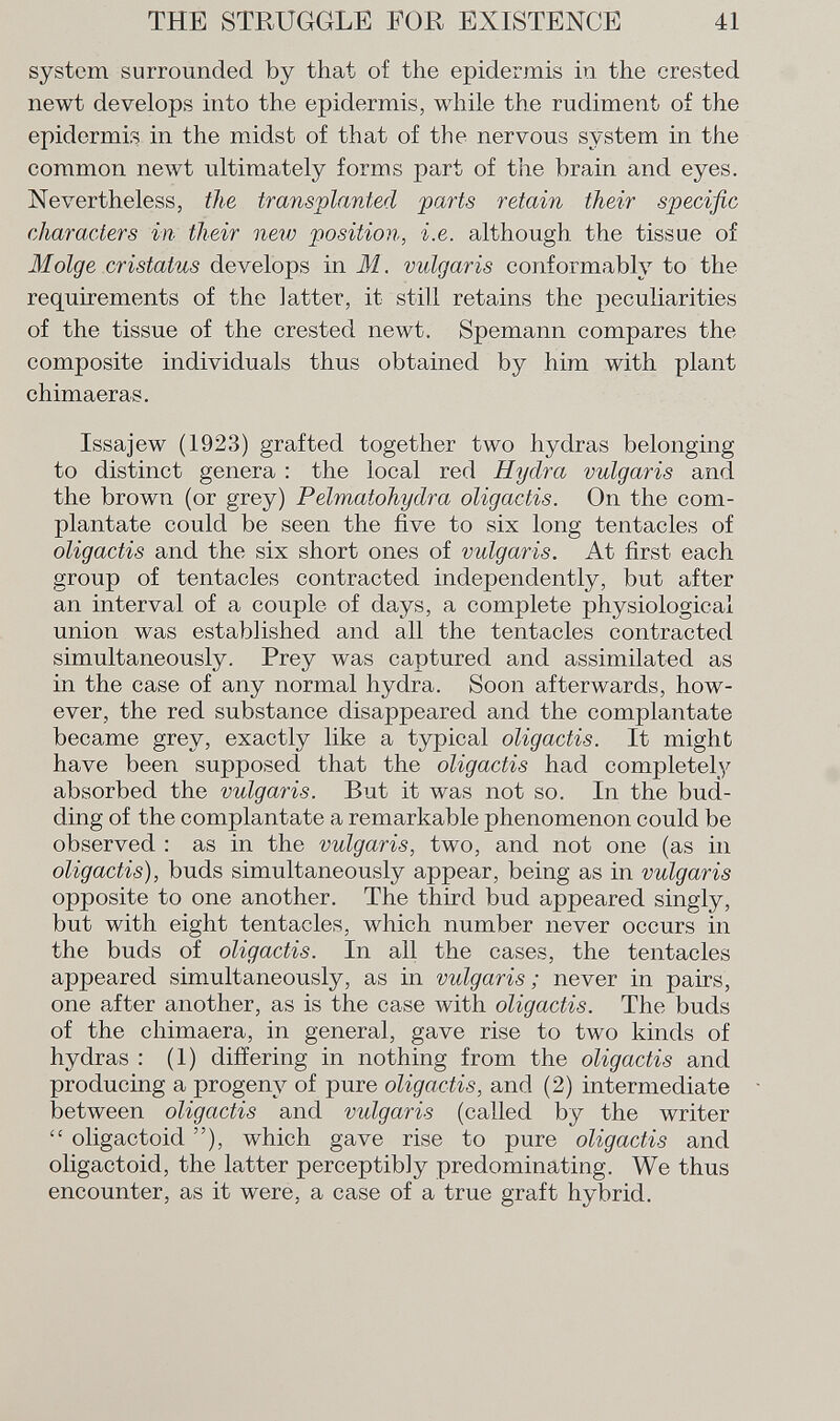 system surrounded by that of the epidermis in the crested newt develops into the epidermis, while the rudiment of the epidermis in the midst of that of the nervous system in the common newt ultimately forms part of the brain and eyes. Nevertheless, the transplanted parts retain their specific characters in their new -position, i.e. although the tissue of Molge cristatus develops in M. vulgaris conformably to the requirements of the latter, it. still retains the peculiarities of the tissue of the crested newt. Spemann compares the composite individuals thus obtained by him with plant chimaeras. Issajew (1923) grafted together two hydras belonging to distinct genera : the local red Hydra vulgaris and the brown (or grey) Pelmatohydra oligactis. On the com- plantate could be seen the five to six long tentacles of oligactis and the six short ones of vulgaris. At first each group of tentacles contracted independently, but after an interval of a couple of days, a complete physiological union was established and all the tentacles contracted simultaneously. Prey was captured and assimilated as in the case of any normal hydra. Soon afterwards, how ever, the red substance disappeared and the complantate became grey, exactly like a typical oligactis. It might have been supposed that the oligactis had completely absorbed the vulgaris. But it was not so. In the bud ding of the complantate a remarkable phenomenon could be observed : as in the vulgaris, two, and not one (as in oligactis), buds simultaneously appear, being as in vulgaris opposite to one another. The third bud appeared singly, but with eight tentacles, which number never occurs in the buds of oligactis. In all the cases, the tentacles appeared simultaneously, as in vulgaris ; never in pairs, one after another, as is the case with oligactis. The buds of the chimaera, in general, gave rise to two kinds of hydras : (1) differing in nothing from the oligactis and producing a progeny of pure oligactis, and (2) intermediate between oligactis and vulgaris (called by the writer  oligactoid ), which gave rise to pure oligactis and oligactoid, the latter perceptibly predominating. We thus encounter, as it were, a case of a true graft hybrid.