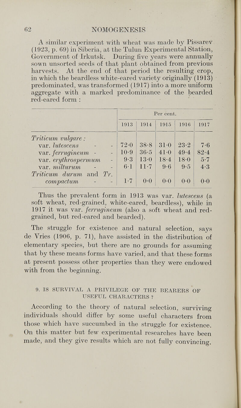 A similar experiment with wheat was made by Pissarev (1923, p. 69) ia Siberia, at the Tulun Experimental Station, Government of Irkutsk. During five years were annually sown unsorted seeds of that plant obtained from previous harvests. At the end of that period the resulting crop, in which the beardless white-eared variety originally (1913) predominated, was transformed (1917) into a more uniform aggregate with a marked predominance of the bearded red-eared form : Per cent 1913 1914 1915 1916 1917 Triticum vulgare : var. lutescens 72-0 38-8 31-0 23-2 7-6 var. ferrugineum - 10-9 36-5 41-0 49-4 82-4 var. erythrospermum 9-3 13-0 18-4 180 5-7 var. milturum 6-1 11-7 9-6 9-5 4-3 Triticum durum and Tr. compactum 1-7 0-0 0-0 0-0 0-0 Thus the prevalent form in 1913 was var. lutescens (a soft wheat, red-grained, white-eared, beardless), while in 1917 it was var. ferrugineum (also a soft wheat and red- grained, but red-eared and bearded). The struggle for existence and natural selection, says de Vries (1906, p. 71), have assisted in the distribution of elementary species, but there are no grounds for assuming that by these means forms have varied, and that these forms at present possess other properties than they were endowed with from the beginning. 9. IS SURVIVAL A PRIVILEGE OF THE BEARERS OF USEFUL CHARACTERS ? According to the theory of natural selection, surviving individuals should differ by some useful characters from those which have succumbed in the struggle for existence. On this matter but few experimental researches have been made, and they give results which are not fully convincing.