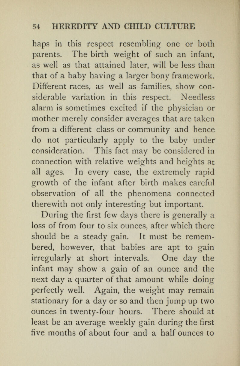 54 HEREDITY AND CHILD CULTURE haps in this respect resembling one or both parents. The birth weight of such an infant, as well as that attained later, will be less than that of a baby having a larger bony framework. Different races, as well as families, show con¬ siderable variation in this respect. Needless alarm is sometimes excited if the physician or mother merely consider averages that are taken from a different class or community and hence do not particularly apply to the baby under consideration. This fact may be considered in connection with relative weights and heights at all ages. In every case, the extremely rapid growth of the infant after birth makes careful observation of all the phenomena connected therewith not only interesting but important. During the first few days there is generally a loss of from four to six ounces, after which there should be a steady gain. It must be remem¬ bered, however, that babies are apt to gain irregularly at short intervals. One day the infant may show a gain of an ounce and the next day a quarter of that amount while doing perfectly well. Again, the weight may remain stationary for a day or so and then jump up two ounces in twenty-four hours. There should at least be an average weekly gain during the first five months of about four and a half ounces to