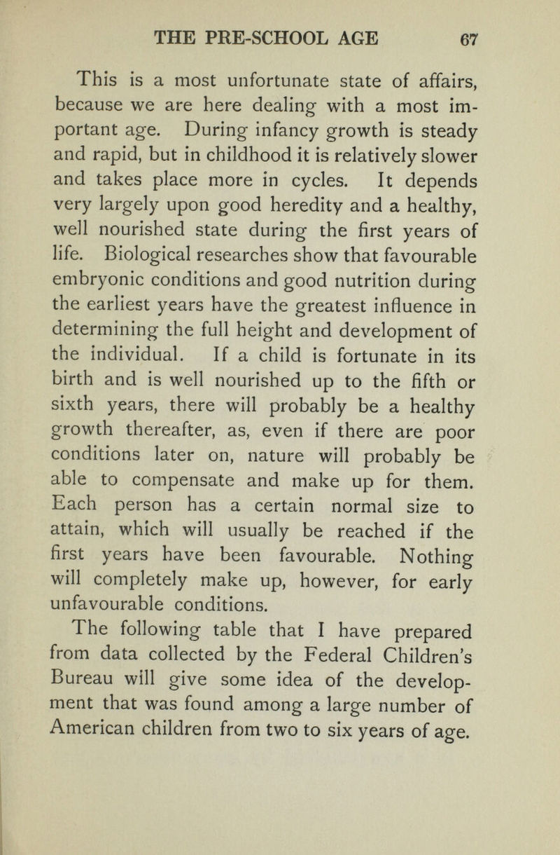 THE PRE-SCHOOL AGE 67 This is a most unfortunate state of affairs, because we are here dealing with a most im¬ portant age. During infancy growth is steady and rapid, but in childhood it is relatively slower and takes place more in cycles. It depends very largely upon good heredity and a healthy, well nourished state during the first years of life. Biological researches show that favourable embryonic conditions and good nutrition during the earliest years have the greatest influence in determining the full height and development of the individual. If a child is fortunate in its birth and is well nourished up to the fifth or sixth years, there will probably be a healthy growth thereafter, as, even if there are poor conditions later on, nature will probably be able to compensate and make up for them. Each person has a certain normal size to attain, which will usually be reached if the first years have been favourable. Nothing will completely make up, however, for early unfavourable conditions. The following table that I have prepared from data collected by the Federal Children's Bureau will give some idea of the develop¬ ment that was found among a large number of American children from two to six years of age.