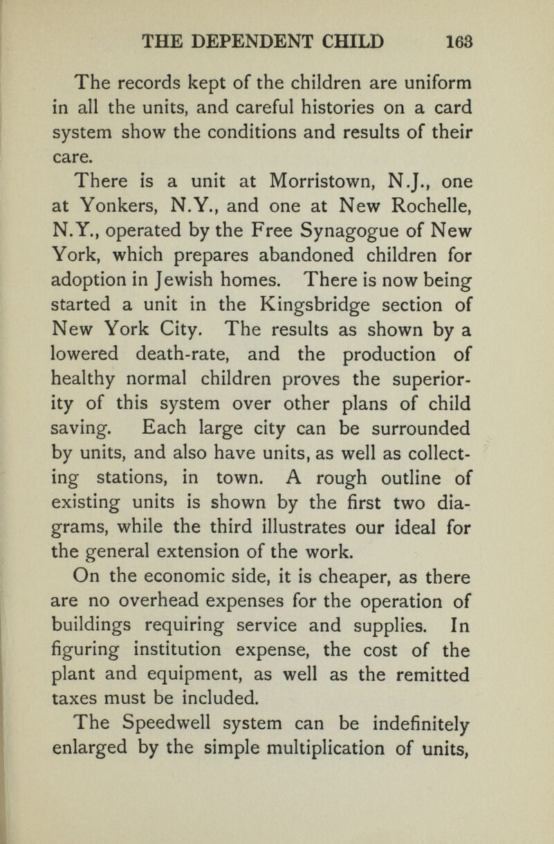 THE DEPENDENT CHILD 163 The records kept of the children are uniform in all the units, and careful histories on a card system show the conditions and results of their care. There is a unit at Morristown, NJ., one at Yonkers, N.Y., and one at New Rochelle, N.Y., operated by the Free Synagogue of New York, which prepares abandoned children for adoption in Jewish homes. There is now being started a unit in the Kingsbridge section of New York City. The results as shown by a lowered death-rate, and the production of healthy normal children proves the superior¬ ity of this system over other plans of child saving. Each large city can be surrounded by units, and also have units, as well as collect¬ ing stations, in town. A rough outline of existing units is shown by the first two dia¬ grams, while the third illustrates our ideal for the general extension of the work. On the economic side, it is cheaper, as there are no overhead expenses for the operation of buildings requiring service and supplies. In figuring institution expense, the cost of the plant and equipment, as well as the remitted taxes must be included. The Speedwell system can be indefinitely enlarged by the simple multiplication of units,