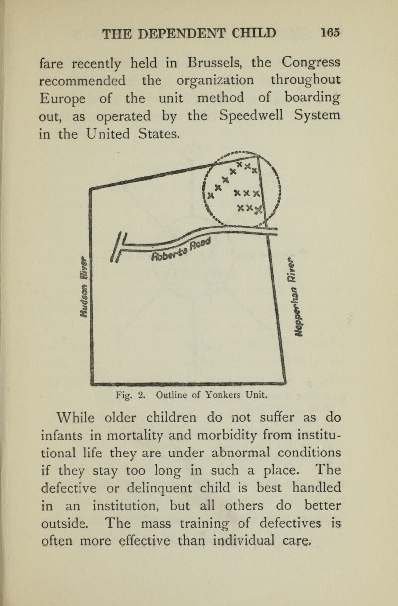 THE DEPENDENT CHILD 165 fare recently held in Brussels, the Congress recommended the organization throughout Europe of the unit method of boarding out, as operated by the Speedwell System in the United States. While older children do not suffer as do infants in mortality and morbidity from institu¬ tional life they are under abnormal conditions if they stay too long in such a place. The defective or delinquent child is best handled in an institution, but all others do better outside. The mass training of defectives is often more effective than individual care. Fig. 2. Outline of Yonkers Unit.