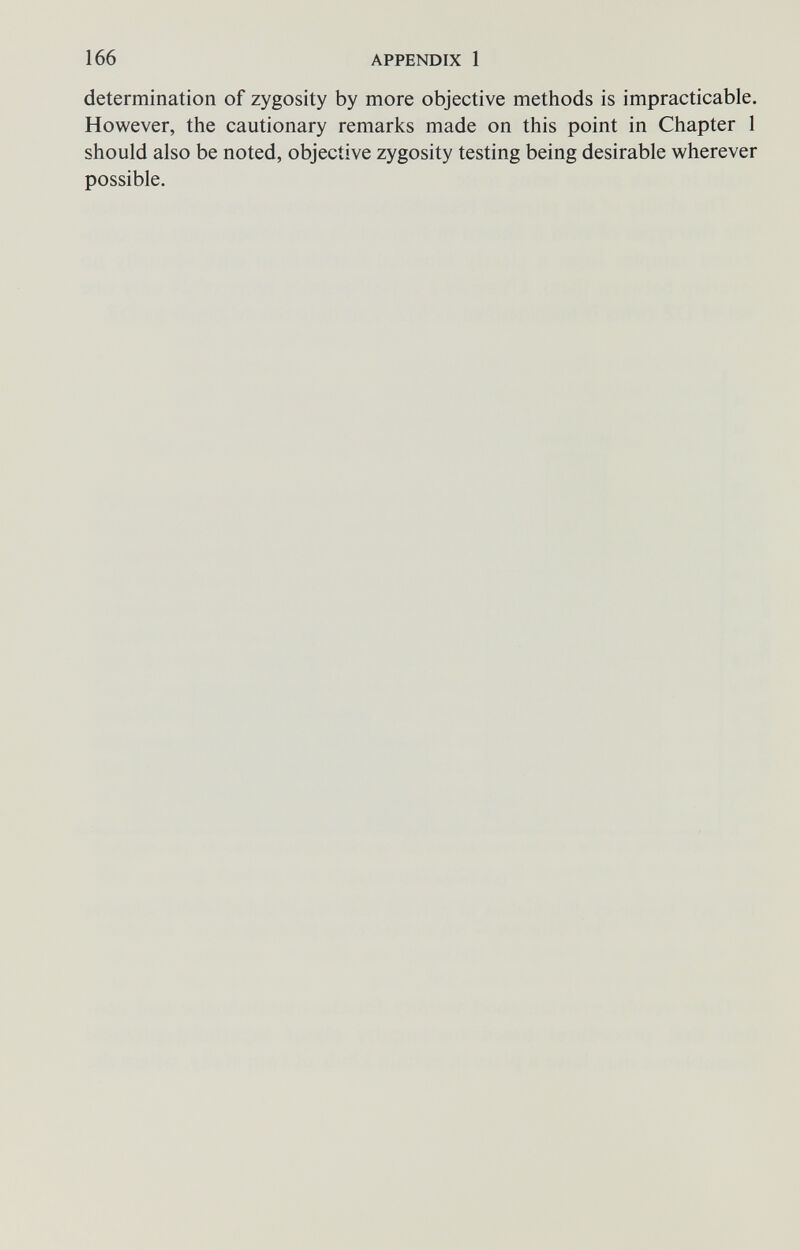 166 APPENDIX 1 determination of zygosity by more objective methods is impracticable. However, the cautionary remarks made on this point in Chapter 1 should also be noted, objective zygosity testing being desirable wherever possible.