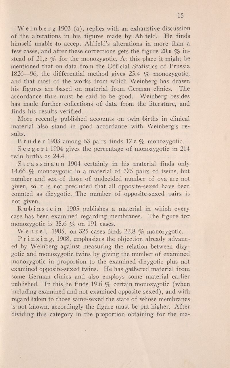 15 W e i n b e rig- 1903 (a), replies with an exhaustive discussion of the alterations in his figures made by Ahlfeld. He finds himself unable to accept Ahlfeld's alterations in more than a few cases, and after these corrections gets the figure 20,9 % in¬ stead of 21,2 % for the monozygotic. At this place it might be mentioned that on data from the Official Statistics of Prussia 1826—96, the differential method gives 25.4 % monozygotic, and that most of the works from which Weinberg has drawn his figures are based on material from German clinics. The accordance thus must be said to be good. Weinberg besides has made further collections of data from the literature, and finds his results verified. More recently published accounts on twin births in clinical material also stand in gooid accordance with Weinberg's re¬ sults. Bruder 1903 among 63 pairs finds 17,5 % monozygotic. S eeger t 1904 gives the percentage of monozygotic in 214 twin births as 24.4. Strassmann 1904 certainly in his material finds only 14.66 % monozygotic in a material of 375 pairs of twins, but mmiber and sex of those of undecided number of ova are not given, so it is not precluded that all opposite-sexed have been counted as dizygotic. The number of opposite-sexed pairs is not given.. Rubinstein 1905 publishes a material in which every case has been examined regarding membranes. The figure for monozygotic is 35.6 % on 191 cases. Wenzel, 1905, on 325 cases finds 22.8 % monozygotic. P r i n z i n g, 1908, emphasizes the objection already advanc¬ ed by Weinberg against measuring the relation between dizy¬ gotic and monozygotic twins by giving the number of examined monozygotic in proportion to the examined dizygotic plus not examined opposite-sexed twins. He has gathered material from some German clinics and also employs some material earlier published. In this he finds 19.6 % certain monozygotic (w'hen including examined and not examined opposite-sexed), and with regard taken to those same-sexed the state of whose membranes is not known, accordingly the figure must be put higher. After dividing this category in the proportion obtaining for the ma-