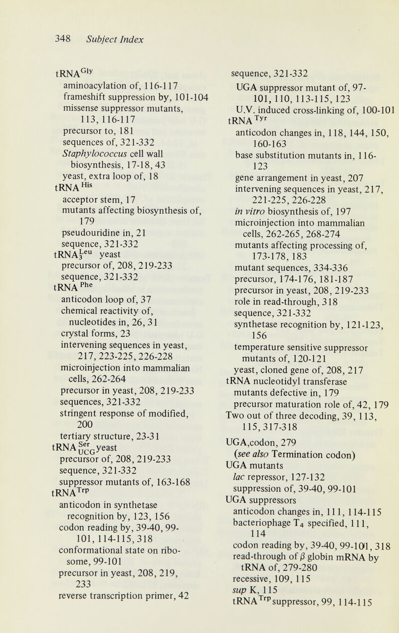 348 Subject Index tRNA^'y aminoacylation of, 116-117 frameshift suppression by, 101-104 missense suppressor mutants, 113, 116-117 precursor to, 181 sequences of, 321-332 Staphylococcus cell wall biosynthesis, 17-18,43 yeast, extra loop of, 18 tRNA'® acceptor stem, 17 mutants affecting biosynthesis of, 179 pseudouridine in, 21 sequence, 321-332 tRNAa® yeast precursor of, 208, 219-233 sequence, 321-332 tRNA anticodon loop of, 37 chemical reactivity of, nucleotides in, 26, 31 crystal forms, 23 intervening sequences in yeast, 217,223-225,226-228 microinjection into mammalian cells, 262-264 precursor in yeast, 208, 219-233 sequences, 321-332 stringent response of modified, 200 tertiary structure, 23-31 tRNA ^^^yeast precursor of, 208, 219-233 sequence, 321-332 suppressor mutants of, 163-168 tRNA'T^P anticodon in synthetase recognition by, 123, 156 codon reading by, 39-40, 99- 101,114-115,318 conformational state on ribo- some, 99-101 precursor in yeast, 208, 219, 233 reverse transcription primer, 42 sequence, 321-332 UGA suppressor mutant of, 97- 101, 110, 113-115, 123 U.V. induced cross-linking of, 100-101 tRNA'Ty^ anticodon changes in, 118, 144, 150, 160-163 base substitution mutants in, 116- 123 gene arrangement in yeast, 207 intervening sequences in yeast, 217, 221-225,226-228 in vitro biosynthesis of, 197 microinjection into mammalian cells, 262-265, 268-274 mutants affecting processing of, 173-178, 183 mutant sequences, 334-336 precursor, 174-176, 181-187 precursor in yeast, 208, 219-233 role in read-through, 318 sequence, 321-332 synthetase recognition by, 121-123, 156 temperature sensitive suppressor mutants of, 120-121 yeast, cloned gene of, 208, 217 tRNA nucleotidyl transferase mutants defective in, 179 precursor maturation role of, 42, 179 Two out of three decoding, 39, 113, 115,317-318 UGA,codon, 279 (see also Termination codon) UGA mutants lac repressor, 127-132 suppression of, 39-40, 99-101 UGA suppressors anticodon changes in. 111, 114-115 bacteriophage T4 specified, 111, 114 codon reading by, 39-40, 99-Ш1, 318 read-through of ß globin mRNA by tRNA of, 279-280 recessive, 109, 115 sup K,115 tRNA^'''suppressor, 99, 114-115