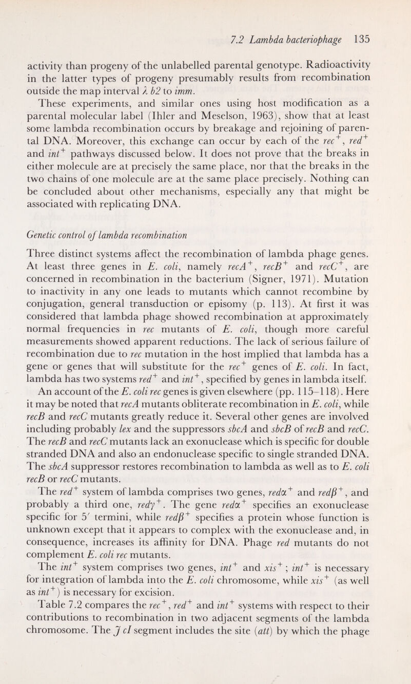 7.2 Lambda bacteriophage 135 activity than progeny of the unlabelled parental genotype. Radioactivity in the latter types of progeny presumably results from recombination outside the map interval / b2 to imm. These experiments, and similar ones using host modification as a parental molecular label (Thier and Meselson, 1963), show that at least some lambda recombination occurs by breakage and rejoining of paren¬ tal DNA. Moreover, this exchange can occur by each of the rec'^, red'^ and inf^ pathways discussed below. It does not prove that the breaks in either molecule are at precisely the same place, nor that the breaks in the two chains of one molecule are at the same place precisely. Nothing can be concluded about other mechanisms, especially any that might be associated with replicating DNA. Genetic control oj lambda recombination Three distinct systems affect the recombination of lambda phage genes. At least three genes in E. coli, namely recA'^, recB^ and recC^, are concerned in recombination in the bacterium (Signer, 1971). Mutation to inactivity in any one leads to mutants which cannot recombine by conjugation, general transduction or episomy (p. 113). At first it was considered that lambda phage showed recombination at approximately normal frequencies in ree mutants of E. coli, though more careful measurements showed apparent reductions. The lack of serious failure of recombination due to ree mutation in the host implied that lambda has a gene or genes that will substitute for the rec^ genes of E. coli. In fact, lambda has two systems red'^ and inf^, specified by genes in lambda itself. An account of the E. coli ree genes is given elsewhere (pp. 115-118). Here it may be noted that ree A mutants obliterate recombination in E. coli, while recB and recC mutants greatly reduce it. Several other genes are involved including probably lex and the suppressors sbcA and sbcB of recB and recC. The recB and recC mutants lack an exonuclease which is specific for double stranded DNA and also an endonuclease specific to single stranded DNA. The sbcA suppressor restores recombination to lambda as well as to E. coli recB or recC mutants. The red^ system of lambda comprises two genes, redcL^ and redß'^, and probably a third one, redy^. The gene redcc'^ specifies an exonuclease specific for 5' termini, while redß'^ specifies a protein whose function is unknown except that it appears to complex with the exonuclease and, in consequence, increases its affinity for DNA. Phage red mutants do not complement E. coli ree mutants. The int^ system comprises two genes, int^ and ; int^ is necessary for integration of lambda into the E. coli chromosome, while xis'^ (as well as inf^) is necessary for excision. Table 7.2 compares the rec'^, red'^ and inf^ systems with respect to their contributions to recombination in two adjacent segments of the lambda chromosome. The J cl segment includes the site {att) by which the phage