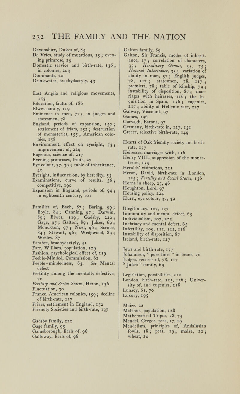 232 THE FAMILY AND THE NATION Devonshire, Dukes of, 85 De Vries, study of mutations, 15 ; even¬ ing primrose, 29 Domestic service and birth-rate, 136 j in colonies, 203 Dominants, 20 Drinkwater, brachydactyly, 43 East Anglia and religious movements, 153. Education, faults of, 186 Elwes family, 119 Eminence in men, 77 j in judges and statesmen, 78 England, periods of expansion, 150 ; settlement of friars, 152; destruction of monasteries, 155 ; American colo¬ nies, 158 Environment, effect on eyesight, 53 ; improvement of, 229 Eugenics, science of, 217 Evening primroses, fruits, 27 Eye colour, 37, 39 3 table of inheritance, +0 Eyesight, influence on, by heredity, 53 Examinations, curve of results, 56 ; competitive, 190 Expansion in England, periods of, 94 ; in eighteenth century, 101 Families of, Bach, 87 ; Baring, 99 ; Boyle, 84 ; Canning, 97 ; Darwin, 89; Elwes, 119; Gadsby, 220; Gage, 95 i Galton, 89 ; Jukes, 69 ; Monckton, 97 ; Noel, 96 ; Scrope, 84 ; Stewart, 96 ; Wedgwood, 89 ; Wesley, 87 Farabee, brachydactyly, 41 Farr, William, population, 129 Fashion, psychological effect of, 219 Feeble-Minded, Commission, 62 Feeble - mindedness, 63. See Mental defect Fertility among the mentally defective, 70 Fertility and Social Status, Heron, 136 Fluctuation, 30 France, American colonies, 159 ; decline of birth-rate, 127 Friars, settlement in England, 152 Friendly Societies and birth-rate, 137 Gadsby family, 220 Gage family, 95 Gainsborough, Earls of, 96 Galloway, Earls of, 96 Galton family, 89 Galton, Sir Francis, modes of inherit¬ ance, 17 ; correlation of characters, 33 ; Hereditary Genius, 35, 75 ; Natural Inheritance, 35 j variation of ability in man, 57 j English judges, 78, 117 ; statesmen, 78, 117 J premiers, 78 ; table of kinship, 79 j instability of disposition, 87 ; mar¬ riages with heiresses, n6 j the In¬ quisition in Spain, 156; eugenics, 217 J ability of Hellenic race, 227 Galway, Viscount, 97 Games, 196 Garvagh, Barons, 97 Germany, birth-rate in, 127, 131 Greece, selective birth-rate, 149 Hearts of Oak friendly society and birth¬ rate, 137 Heiresses, marriages with, 116 Henry VIII., suppression of the monas¬ teries, 155 Heralds' visitations, 221 Heron, David, birth-rate in London, 125 ; Fertility and Social Status, 136 Horns in sheep, 23, 46 Houghton, Lord, 97 Housing policy, 224 Hurst, eye colour, 37, 39 Illegitimacy, 107, 137 Immorality and mental defect, 65 Individualism, 107, 222 Inebriacy and mental defect, 65 Infertility, 109, III, 112, 116 Instability of disposition, 87 Ireland, birth-rate, 127 Jews and birth-rate, 137 Johannsen,  pure lines  in beans, 30 Judges, records of, 78, 117 Jukes family, 69 Legislation, possibilities, 212 London, birth-rate, 125, 136; Univer¬ sity of, and eugenics, 218 Lunacy, 61, 70 Luxury, 195 Maize, 22 Malthus, population, 128 Mathematical Tripos, 58, 75 Mendel, Gregor, peas, 17, 19 Mendelism, principles of, Andalusian fowls, 185 peas, 19; maize, 22; wheat, 24