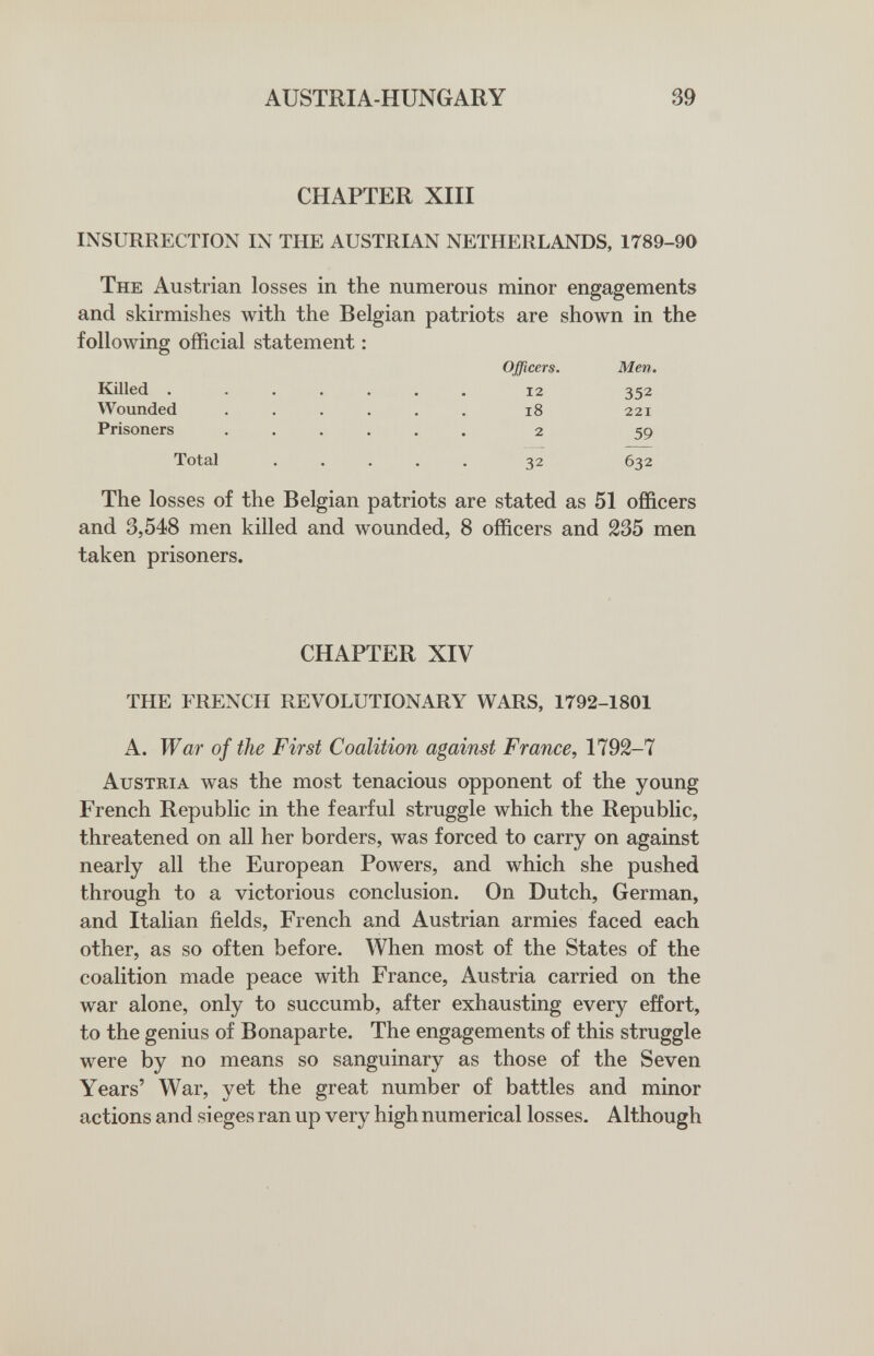 AUSTRIA-HUNGARY 39 CHAPTER XIII INSURRECTION IN THE AUSTRIAN NETHERLANDS, 1789-90 The Austrian losses in the numerous minor engagements and skirmishes with the Belgian patriots are shown in the following official statement : Officers. Men. Killed . ...... 12 352 Wounded ...... 18 221 Prisoners ...... 2 59 Total ..... 32 632 The losses of the Belgian patriots are stated as 51 officers and 3,548 men killed and wounded, 8 officers and 235 men taken prisoners. CHAPTER XIV THE FRENCH REVOLUTIONARY WARS, 1792-1801 A. War of the First Coalition against France, 1792-7 Austria was the most tenacious opponent of the young French Republic in the fearful struggle which the Republic, threatened on all her borders, was forced to carry on against nearly all the European Powers, and which she pushed through to a victorious conclusion. On Dutch, German, and Italian fields, French and Austrian armies faced each other, as so often before. When most of the States of the coalition made peace with France, Austria carried on the war alone, only to succumb, after exhausting every effort, to the genius of Bonaparte. The engagements of this struggle were by no means so sanguinary as those of the Seven Years' War, yet the great number of battles and minor actions and sieges ran up very high numerical losses. Although