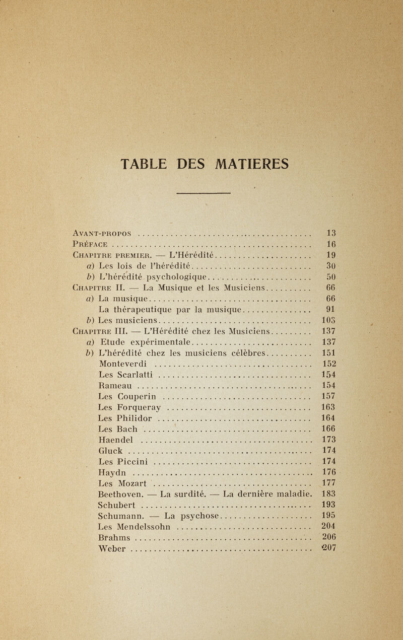 TABLE DES MATIERES Avant-propos    13 Préface   16 Chapitre premier. — L'Hérédité.  19 a) Les lois de l'hérédité   30 b) L'hérédité psychologique.   50 Chapitre IL — La Musique et les Musiciens 66 a) La musique  66 La thérapeutique par la musique  91 b) Les musiciens  . 103 Chapitre III. — L'Hérédité chez les Musiciens 137 a) Etude expérimentale  137 b) L'hérédité chez les musiciens célèbres 151 Monteverdi  152 Les Scarlatti  154 Rameau  154 Les Couperin   157 Les Forqueray  163 Les Philidor   164 Les Bach    166 Haendel   173 Gluck  174 Les Piccini  174 Haydn  176 Les Mozart    177 Beethoven. — La surdité. — La dernière maladie. 183 Schubert   193 Schumann. — La psychose... 195 Les Mendelssohn  204 Brahms   . 206 Weber 207