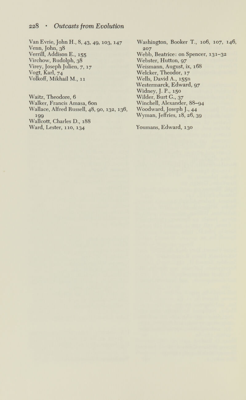 228 • Outcasts from Evolution Van Evrie, John H., 8, 43, 49, 103, 147 Venn, John, 38 Verrill, Addison E., 155 Virchow, Rudolph, 38 Virey, Joseph JuHen, 7, 17 Vogt, Karl, 74 Volkoff, Mikhail M., 11 Waltz, Theodore, 6 Walker, Francis Amasa, 6on Wallace, Alfred Russell, 48, 90, 132, 136, 199 Wallcott, Charles D., i88 Ward, Lester, 110, 134 Washington, Booker T., 106, 107, 146, 207 Webb, Beatrice: on Spencer, 131-32 Webster, Hutton, 97 Weismann, August, ix, 168 Welcker, Theodor, 17 Wells, David A., 1550 Westermarck, Edward, 97 Widney, J. P., 150 Wilder, Burt G., 37 Winchell, Alexander, 88-94 Woodward, Jose ph J., 44 Wyman, Jeffries, 18, 26, 39 Youmans, Edward, 130