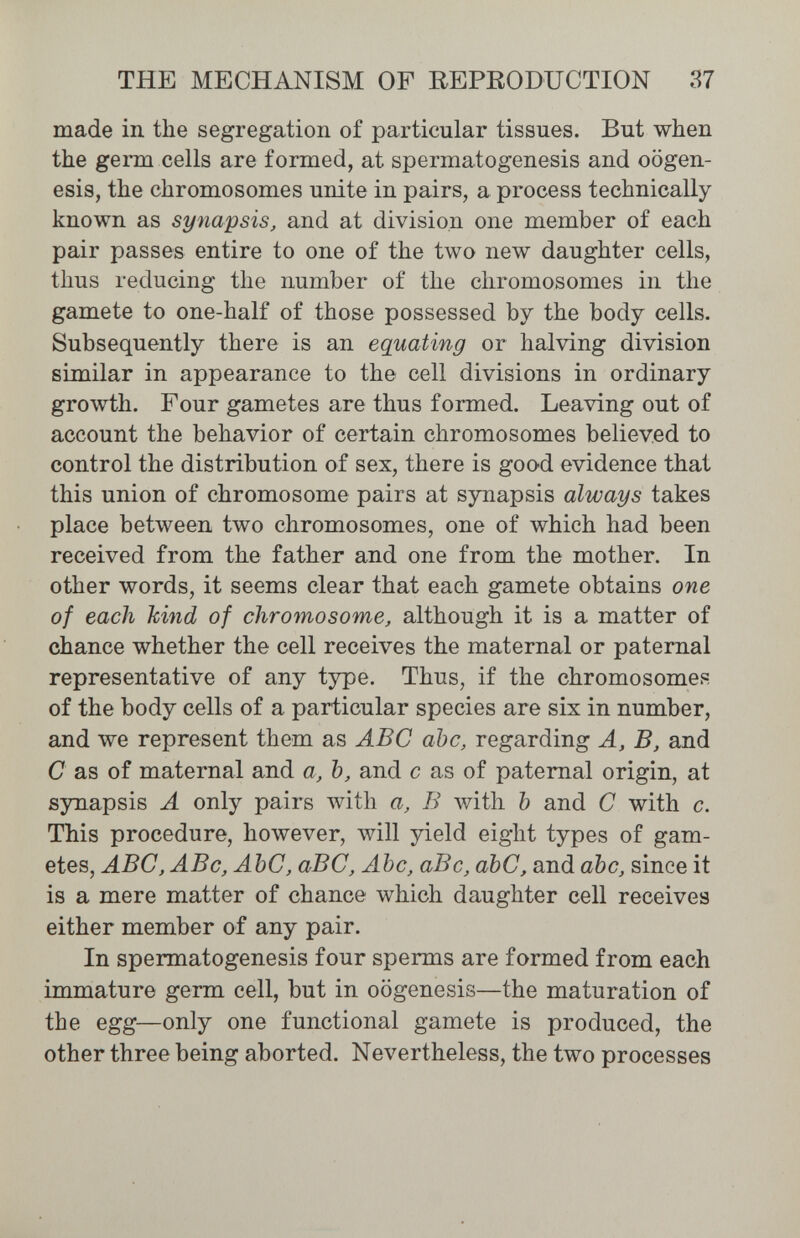 THE MECHANISM OF REPEODUCTION 37 made in the segregation of particular tissues. But when the germ cells are formed, at spermatogenesis and oogen¬ esis, the chromosomes unite in pairs, a process technically known as synapsis, and at division one member of each pair passes entire to one of the two new daughter cells, thus reducing the number of the chromosomes in the gamete to one-half of those possessed by the body cells. Subsequently there is an equating or halving division similar in appearance to the cell divisions in ordinary growth. Four gametes are thus formed. Leaving out of account the behavior of certain chromosomes believed to control the distribution of sex, there is good evidence that this union of chromosome pairs at synapsis always takes place between two chromosomes, one of which had been received from the father and one from the mother. In other words, it seems clear that each gamete obtains one of each kind of chromosome, although it is a matter of chance whether the cell receives the maternal or paternal representative of any type. Thus, if the chromosomes of the body cells of a particular species are six in number, and we represent them as ABC abc, regarding A, B, and С as of maternal and a, b, and с as of paternal origin, at synapsis A only pairs with a, В with Ъ and С with c. This procedure, however, will yield eight types of gam¬ etes, ABC, ABc, АЪС, аВС, Abc, аВс, abC, and abc, since it is a mere matter of chance which daughter cell receives either member of any pair. In spermatogenesis four sperms are formed from each immature germ cell, but in oogenesis—the maturation of the egg—only one functional gamete is produced, the other three being aborted. Nevertheless, the two processes