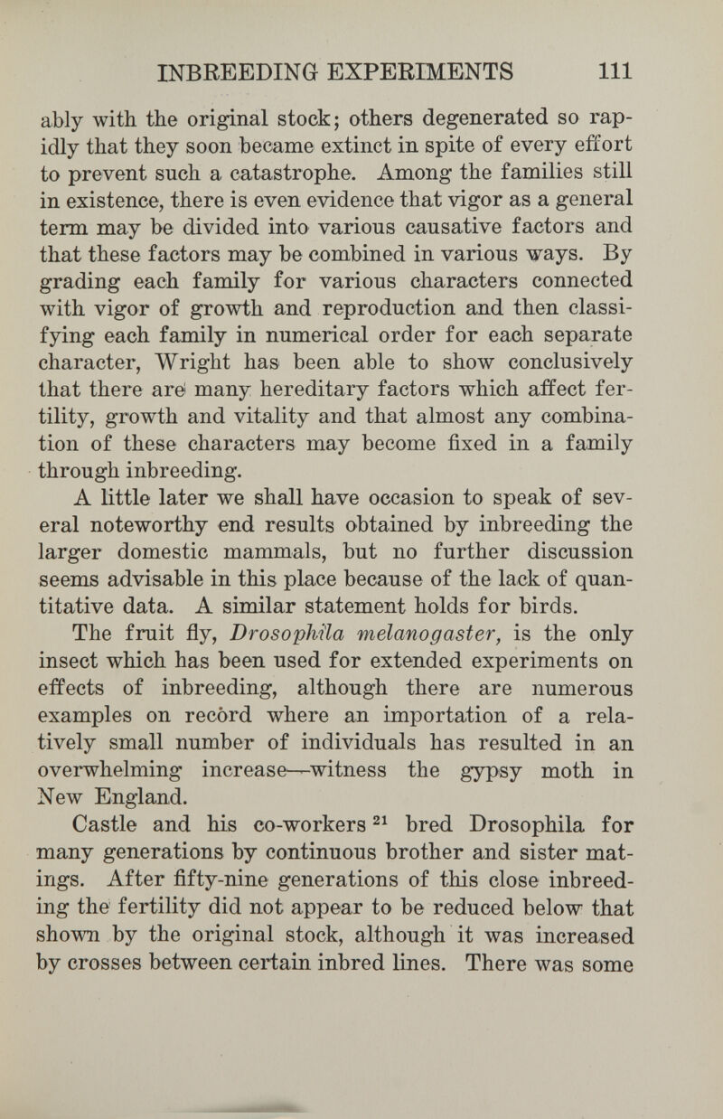 INBREEDING EXPERIMENTS 111 ably with the original stock; others degenerated so rap¬ idly that they soon became extinct in spite of every efiort to prevent such a catastrophe. Among the families still in existence, there is even evidence that vigor as a general term may be divided into various causative factors and that these factors may be combined in various ways. By grading each family for various characters connected with vigor of growth and reproduction and then classi¬ fying each family in numerical order for each separate character, Wright has been able to show conclusively that there arei many hereditary factors which affect fer¬ tility, growth and vitality and that almost any combina¬ tion of these characters may become fixed in a family through inbreeding. A little later we shall have occasion to speak of sev¬ eral noteworthy end results obtained by inbreeding the larger domestic mammals, but no further discussion seems advisable in this place because of the lack of quan¬ titative data. A similar statement holds for birds. The fruit fly, Drosoplii'la melanogaster, is the only insect which has been used for extended experiments on effects of inbreeding, although there are numerous examples on recòrd where an importation of a rela¬ tively small number of individuals has resulted in an overwhelming increase—witness the gypsy moth in New England. Castle and his co-workers bred Drosophila for many generations by continuous brother and sister mat- ings. After fifty-nine generations of this close inbreed¬ ing the fertility did not appear to be reduced below that shown by the original stock, although it was increased by crosses between certain inbred lines. There was some