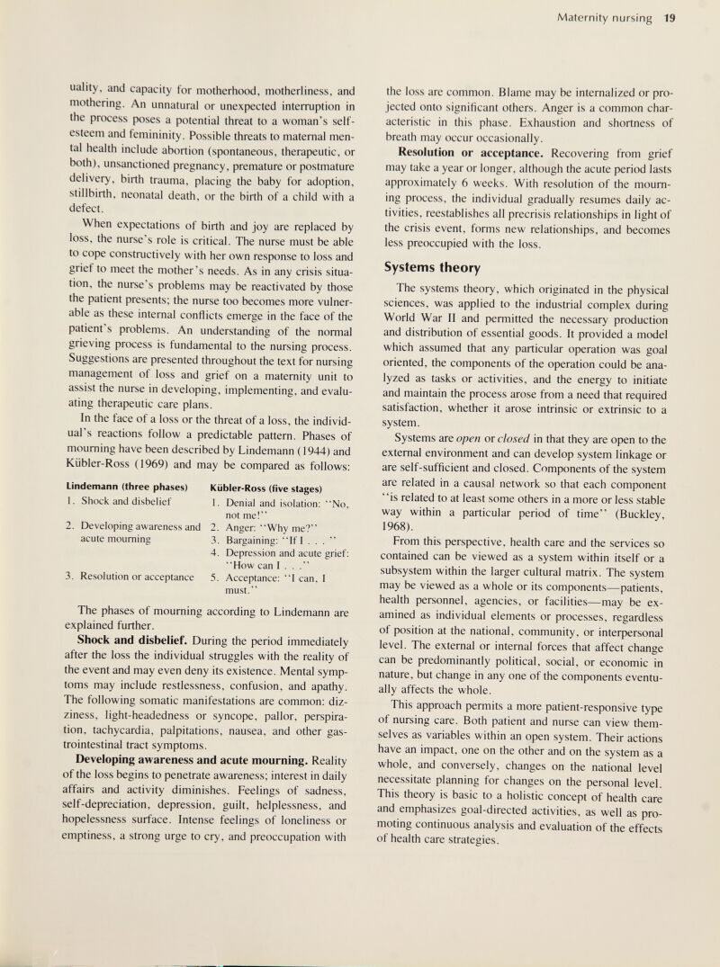 Maternity nursing 19 uality, and capacity for motherhood, motherliness, and mothering. An unnatural or unexpected interruption in the process poses a potential threat to a woman's self- esteem and femininity. Possible threats to maternal men¬ tal health include abortion (spontaneous, therapeutic, or both), unsanctioned pregnancy, premature or postmature delivery, birth trauma, placing the baby for adoption, stillbirth, neonatal death, or the birth of a child with a defect. When expectations of birth and joy are replaced by loss, the nurse's role is critical. The nurse must be able to cope constructively with her own response to loss and grief to meet the mother's needs. As in any crisis situa¬ tion, the nurse's problems may be reactivated by those the patient presents; the nurse too becomes more vulner¬ able as these internal conflicts emerge in the face of the patient's problems. An understanding of the normal grieving process is fundamental to the nursing process. Suggestions are presented throughout the text for nursing management of loss and grief on a maternity unit to assist the nurse in developing, implementing, and evalu¬ ating therapeutic care plans. In the face of a loss or the threat of a loss, the individ¬ ual's reactions follow a predictable pattern. Phases of mourning have been described by Lindemann (1944) and Kiibler-Ross (1969) and may be compared as follows; Lindemann (three phases) 1. Shock and disbelief 2. Developing awareness and acute mourning 3. Resolution or acceptance Kiibler-Ross (five stages) 1. Denial and isolation; No, not me! 2. Anger: Why me? 3. Bargaining: If I ...  4. Depression and acute grief: How can I . . . 5. Acceptance: I can, I must. The phases of mourning according to Lindemann are explained further. Shock and disbelief. During the period immediately after the loss the individual struggles with the reality of the event and may even deny its existence. Mental symp¬ toms may include restlessness, confusion, and apathy. The following somatic manifestations are common; diz¬ ziness, light-headedness or syncope, pallor, perspira¬ tion, tachycardia, palpitations, nausea, and other gas¬ trointestinal tract symptoms. Developing awareness and acute mourning. Reality of the loss begins to penetrate awareness; interest in daily affairs and activity diminishes. Feelings of sadness, self-depreciation, depression, guilt, helplessness, and hopelessness surface. Intense feelings of loneliness or emptiness, a strong urge to cry, and preoccupation with the loss are common. Blame may be internalized or pro¬ jected onto significant others. Anger is a common char¬ acteristic in this phase. Exhaustion and shortness of breath may occur occasionally. Resolution or acceptance. Recovering from grief may take a year or longer, although the acute period lasts approximately 6 weeks. With resolution of the mourn¬ ing process, the individual gradually resumes daily ac¬ tivities, reestablishes all precrisis relationships in light of the crisis event, forms new relationships, and becomes less preoccupied with the loss. Systems theory The systems theory, which originated in the physical sciences, was applied to the industrial complex during World War II and permitted the necessary production and distribution of essential goods. It provided a model which assumed that any particular operation was goal oriented, the components of the operation could be ana¬ lyzed as tasks or activities, and the energy to initiate and maintain the process arose from a need that required satisfaction, whether it arose intrinsic or extrinsic to a system. Systems are open or closed in that they are open to the external environment and can develop system linkage or are self-sufficient and closed. Components of the system are related in a causal network so that each component is related to at least some others in a more or less stable way within a particular period of time (Buckley, 1968). From this perspective, health care and the services so contained can be viewed as a system within itself or a subsystem within the larger cultural matrix. The system may be viewed as a whole or its components—patients, health personnel, agencies, or facilities—may be ex¬ amined as individual elements or processes, regardless of position at the national, community, or inteфersonal level. The external or internal forces that affect change can be predominantly political, social, or economic in nature, but change in any one of the components eventu¬ ally affects the whole. This approach permits a more patient-responsive type of nursing care. Both patient and nurse can view them¬ selves as variables within an open system. Their actions have an impact, one on the other and on the system as a whole, and conversely, changes on the national level necessitate planning for changes on the personal level. This theory is basic to a holistic concept of health care and emphasizes goal-directed activities, as well as pro¬ moting continuous analysis and evaluation of the effects of health care strategies.