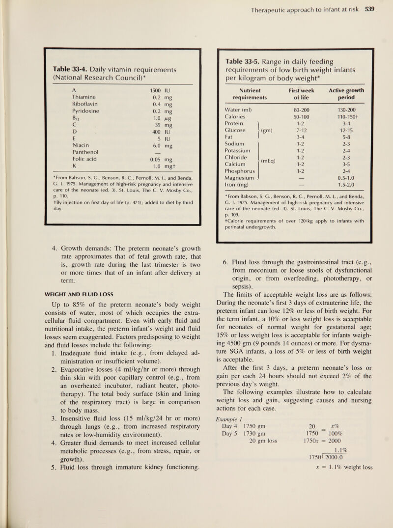 Therapeutic approach to infant at risk 539 Table 33-4. Daily vitamin requirements (National Research Council)* *From Babson, S. G., Benson, R. C., Pernoll, M. I., and Benda, С. I. 1975. Management of high-risk pregnancy and intensive care of the neonate (ed. 3). St. Louis, The C. V. Mosby Co., p. 110. + By injection on first day of life (p. 471); added to diet by third day. Table 33-5. Range in daily feeding requirements of low birth weight infants per kilogram of body weight* *From Babson, S. G., Benson, R. C., Pernoll, M. L., and Benda, G. I. 1975. Management of high-risk pregnancy and intensive care of the neonate (ed. 3). St. Louis, The C. V. Mosby Co., p. 109. tCalorie requirements of over 120/kg apply to infants with perinatal undergrowth. 4. Growth demands: The preterm neonate's growth rate approximates that of fetal growth rate, that is, growth rate during the last trimester is two or more times that of an infant after delivery at term. WEIGHT AND FLUID LOSS Up to 85% of the preterm neonate's body weight consists of water, most of which occupies the extra¬ cellular fluid compartment. Even with early fluid and nutritional intake, the preterm infant's weight and fluid losses seem exaggerated. Factors predisposing to weight and fluid losses include the following: 1. Inadequate fluid intake (e.g., from delayed ad¬ ministration or insufficient volume). 2. Evaporative losses (4 ml/kg/hr or more) through thin skin with poor capillary control (e.g., from an overheated incubator, radiant heater, photo¬ therapy). The total body surface (skin and lining of the respiratory tract) is large in comparison to body mass. 3. Insensitive fluid loss (15 ml/kg/24 hr or more) through lungs (e.g., from increased respiratory rates or low-humidity environment). 4. Greater fluid demands to meet increased cellular metabolic processes (e.g., from stress, repair, or growth). 5. Fluid loss through immature kidney functioning. 6. Fluid loss through the gastrointestinal tract (e.g., from meconium or loose stools of dysfunctional origin, or from overfeeding, phototherapy, or sepsis). The limits of acceptable weight loss are as follows; During the neonate's first 3 days of extrauterine life, the preterm infant can lose 12% or less of birth weight. For the term infant, a 10% or less weight loss is acceptable for neonates of normal weight for gestational age; 15% or less weight loss is acceptable for infants weigh¬ ing 4500 gm (9 pounds 14 ounces) or more. For dysma¬ ture SGA infants, a loss of 5% or less of birth weight is acceptable. After the first 3 days, a preterm neonate's loss or gain per each 24 hours should not exceed 2% of the previous day's weight. The following examples illustrate how to calculate weight loss and gain, suggesting causes and nursing actions for each case. Example 1 Day 4 1750 gm Day 5 1730 gm 20 gm loss 20 1750 1750JC x% 100% 2000 1.1% 1750) 2000.0 X = 1.1% weight loss