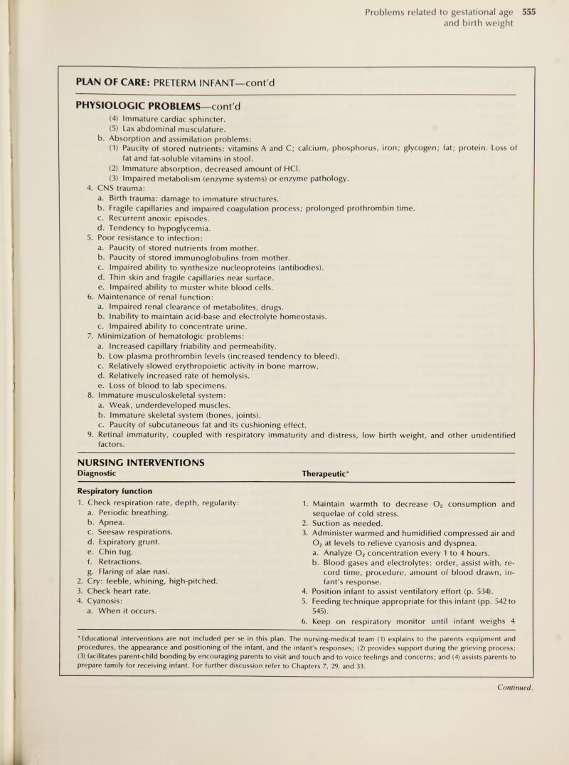 Problems related to gestational age 555 and birth weight PLAN OF CARE: PRETERM INFANT—cont'd PHYSIOLOGIC PROBLEMS—cont'd (4) Immature cardiac sphincter. (5) Lax abdominal musculature. b. Absorption and assimilation problems: (1) Paucity of stored nutrients: vitamins A and C; calcium, phosphorus, iron; glycogen; fat; protein. Loss of fat and fat-soluble vitamins in stool. (2) Immature absorption, decreased amount of HCl. (3) Impaired metabolism (enzyme systems) or enzyme pathology. 4. CNS trauma: a. Birth trauma: damage to immature structures. b. Fragile capillaries and impaired coagulation process; prolonged prothrombin time. c. Recurrent anoxic episodes. d. Tendency to hypoglycemia. 5. Poor resistance to infection: a. Paucity of stored nutrients from mother. b. Paucity of stored immunoglobulins from mother. c. Impaired ability to synthesize nucleoproteins (antibodies). d. Thin skin and fragile capillaries near surface. e. Impaired ability to muster white blood cells. 6. Maintenance of renal function: a. Impaired renal clearance of metabolites, drugs. b. Inability to maintain acid-base and electrolyte homeostasis. c. Impaired ability to concentrate urine. 7. Minimization of hematologic problems: a. Increased capillary friability and permeability. b. Low plasma prothrombin levels (increased tendency to bleed). c. Relatively slowed erythropoietic activity in bone marrow. d. Relatively increased rate of hemolysis. e. Loss of blood to lab specimens. 8. Immature musculoskeletal system: a. Weak, underdeveloped muscles. b. Immature skeletal system (bones, joints). c. Paucity of subcutaneous fat and its cushioning effect. 9. Retinal immaturity, coupled with respiratory immaturity and distress, low birth weight, and other unidentified factors. NURSING INTERVENTIONS Diagnostic Therapeutic* Respiratory function 1. Check respiration rate, depth, regularity: a. Periodic breathing. b. Apnea. c. Seesaw respirations. d. Expiratory grunt. e. Chin tug. f. Retractions. g. Flaring of alae nasi. 2. Cry: feeble, whining, high-pitched. 3. Check heart rate. 4. Cyanosis: a. When it occurs. 1. Maintain warmth to decrease Ог consumption and sequelae of cold stress. 2. Suction as needed. 3. Administer warmed and humidified compressed air and O2 at levels to relieve cyanosis and dyspnea. a. Analyze O2 concentration every 1 to 4 hours. b. Blood gases and electrolytes: order, assist with, re¬ cord time, procedure, amount of blood drawn, in¬ fant's response. 4. Position infant to assist ventilatory effort (p. 534). 5. Feeding technique appropriate for this infant (pp. 542 to 545). 6. Keep on respiratory monitor until infant weighs 4 * Educational interventions are not included per se in this plan. The nursing-medical team (1) explains to the parents equipment and procedures, the appearance and positioning of the infant, and the infant's responses; (2) provides support during the grieving process; (3) facilitates parent-child bonding by encouraging parents to visit and touch and to voice feelings and concerns; and (4) assists parents to prepare family for receiving infant. For further discussion refer to Chapters 7, 29, and 33. Continued.