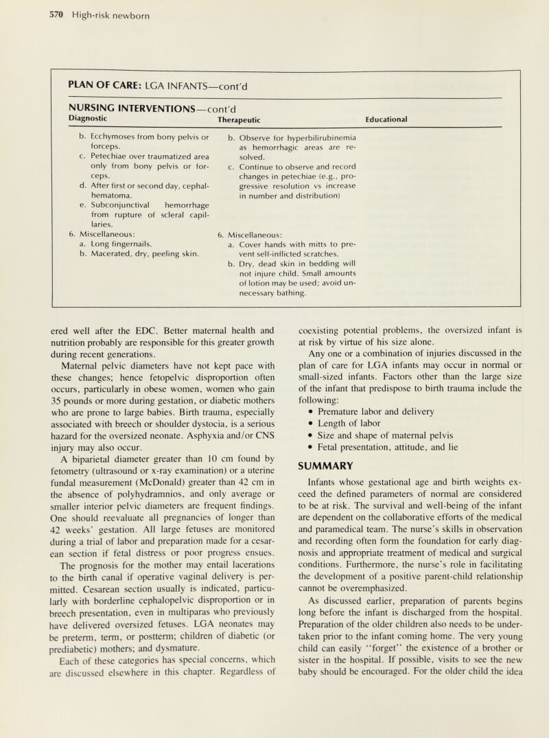 570 High-risk newborn ered well after the EDC. Better maternal health and nutrition probably are responsible for this greater growth during recent generations. Maternal pelvic diameters have not kept pace with these changes; hence fetopelvic disproportion often occurs, particularly in obese women, women who gain 35 pounds or more during gestation, or diabetic mothers who are prone to large babies. Birth trauma, especially associated with breech or shoulder dystocia, is a serious hazard for the oversized neonate. Asphyxia and/or CNS injury may also occur. A biparietal diameter greater than 10 cm found by fetometry (ultrasound or x-ray examination) or a uterine fundal measurement (McDonald) greater than 42 cm in the absence of polyhydramnios, and only average or smaller interior pelvic diameters are frequent findings. One should reevaluate all pregnancies of longer than 42 weeks' gestation. All large fetuses are monitored during a trial of labor and preparation made for a cesar¬ ean section if fetal distress or poor progress ensues. The prognosis for the mother may entail lacerations to the birth canal if operative vaginal delivery is per¬ mitted. Cesarean section usually is indicated, particu¬ larly with borderline cephalopelvic disproportion or in breech presentation, even in multiparas who previously have delivered oversized fetuses. LG A neonates may be preterm, term, or postterm; children of diabetic (or prediabetic) mothers; and dysmature. Each of these categories has special concerns, which are discussed elsewhere in this chapter. Regardless of coexisting potential problems, the oversized infant is at risk by virtue of his size alone. Any one or a combination of injuries discussed in the plan of care for LGA infants may occur in normal or small-sized infants. Factors other than the large size of the infant that predispose to birth trauma include the following: • Premature labor and delivery • Length of labor • Size and shape of maternal pelvis • Fetal presentation, attitude, and lie SUMMARY Infants whose gestational age and birth weights ex¬ ceed the defined parameters of normal are considered to be at risk. The survival and well-being of the infant are dependent on the collaborative efforts of the medical and paramedical team. The nurse's skills in observation and recording often form the foundation for early diag¬ nosis and appropriate treatment of medical and surgical conditions. Furthermore, the nurse's role in facilitating the development of a positive parent-child relationship cannot be overemphasized. As discussed earlier, preparation of parents begins long before the infant is discharged from the hospital. Preparation of the older children also needs to be under¬ taken prior to the infant coming home. The very young child can easily forget the existence of a brother or sister in the hospital. If possible, visits to see the new baby should be encouraged. For the older child the idea