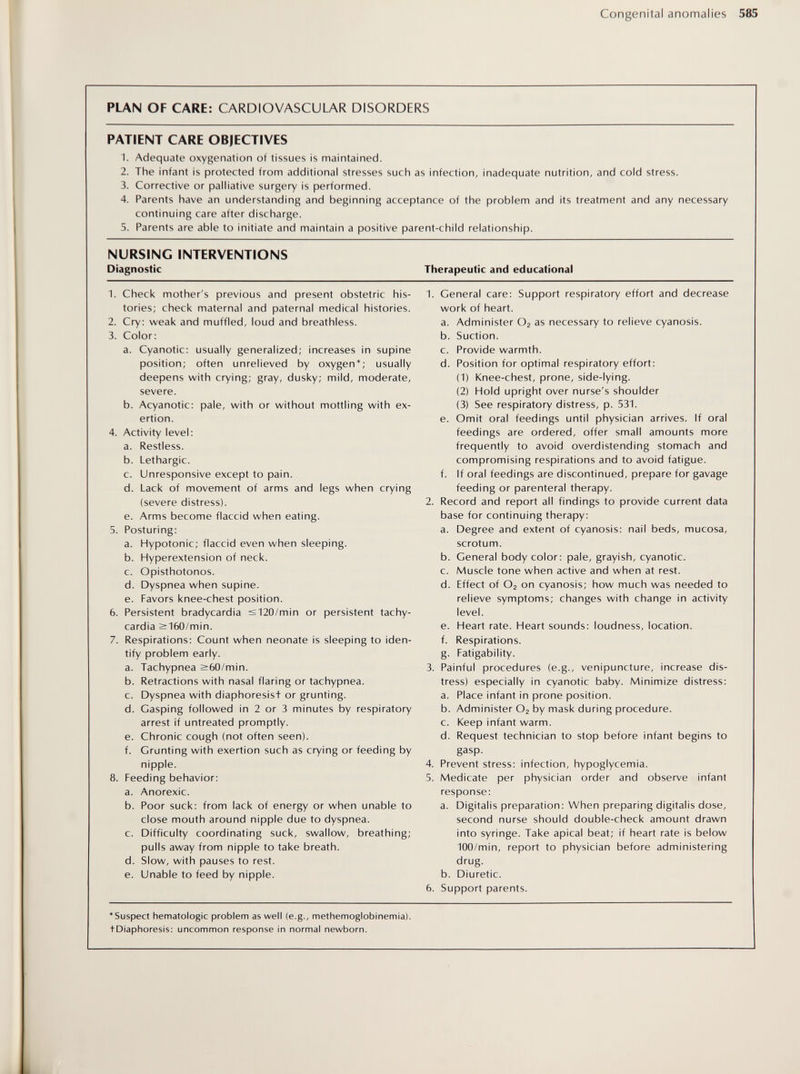 Congenital anomalies 585 PLAN OF CARE: CARDIOVASCULAR DISORDERS PATIENT CARE OBJECTIVES 1. Adequate oxygenation of tissues is maintained. 2. The infant is protected from additional stresses such as infection, inadequate nutrition, and cold stress. 3. Corrective or palliative surgery is performed. 4. Parents have an understanding and beginning acceptance of the problem and its treatment and any necessary continuing care after discharge. 5. Parents are able to initiate and maintain a positive parent-child relationship. NURSING INTERVENTIONS Diagnostic 1. Check mother's previous and present obstetric his¬ tories; check maternal and paternal medical histories. 2. Cry; weak and muffled, loud and breathless. 3. Color: a. Cyanotic: usually generalized; increases in supine position; often unrelieved by oxygen*; usually deepens with crying; gray, dusky; mild, moderate, severe. b. Acyanotic: pale, with or without mottling with ex¬ ertion. 4. Activity level: a. Restless. b. Lethargic. c. Unresponsive except to pain. d. Lack of movement of arms and legs when crying (severe distress). e. Arms become flaccid when eating. 5. Posturing: a. Hypotonic; flaccid even when sleeping. b. Hyperextension of neck. c. Opisthotonos. d. Dyspnea when supine. e. Favors knee-chest position. 6. Persistent bradycardia <120/min or persistent tachy¬ cardia >160/min. 7. Respirations: Count when neonate is sleeping to iden¬ tify problem early. a. Tachypnea >60/min. b. Retractions with nasal flaring or tachypnea. c. Dyspnea with diaphoresist or grunting. d. Gasping followed in 2 or 3 minutes by respiratory arrest if untreated promptly. e. Chronic cough (not often seen). f. Grunting with exertion such as crying or feeding by nipple. 8. Feeding behavior: a. Anorexic. b. Poor suck: from lack of energy or when unable to close mouth around nipple due to dyspnea. c. Difficulty coordinating suck, swallow, breathing; pulls away from nipple to take breath. d. Slow, with pauses to rest. e. Unable to feed by nipple. Therapeutic and educational 1. General care: Support respiratory effort and decrease work of heart. a. Administer Oj as necessary to relieve cyanosis. b. Suction. c. Provide warmth. d. Position for optimal respiratory effort: (1) Knee-chest, prone, side-lying. (2) Hold upright over nurse's shoulder (3) See respiratory distress, p. 531. e. Omit oral feedings until physician arrives. If oral feedings are ordered, offer small amounts more frequently to avoid overdistending stomach and compromising respirations and to avoid fatigue. f. If oral feedings are discontinued, prepare for gavage feeding or parenteral therapy. 2. Record and report all findings to provide current data base for continuing therapy: a. Degree and extent of cyanosis: nail beds, mucosa, scrotum. b. General body color: pale, grayish, cyanotic. c. Muscle tone when active and when at rest. d. Effect of O2 on cyanosis; how much was needed to relieve symptoms; changes with change in activity level. e. Heart rate. Heart sounds: loudness, location. f. Respirations. g. Fatigability. 3. Painful procedures (e.g., venipuncture, increase dis¬ tress) especially in cyanotic baby. Minimize distress: a. Place infant in prone position. b. Administer O2 by mask during procedure. c. Keep infant warm. d. Request technician to stop before infant begins to gasp. 4. Prevent stress: infection, hypoglycemia. 5. Medicate per physician order and observe infant response: a. Digitalis preparation: When preparing digitalis dose, second nurse should double-check amount drawn into syringe. Take apical beat; if heart rate is below 100/min, report to physician before administering drug. b. Diuretic. 6. Support parents. 'Suspect hematologic problem as well (e.g., methemoglobinemia). tDiaphoresis: uncommon response in normal newborn.
