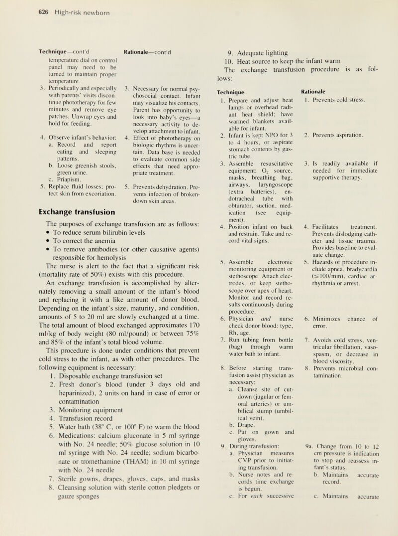 626 High-risk newborn Rationale—cont'd 3. Necessary for normal psy¬ chosocial contact. Infant may visualize his contacts. Parent has opportunity to look into baby's eyes—a necessary activity to de¬ velop attachment to infant. 4. Effect of phototherapy on biologic rhythms is uncer¬ tain. Data base is needed to evaluate common side effects that need appro¬ priate treatment. 5. Prevents dehydration. Pre¬ vents infection of broken- down skin areas. Technique—cont'd temperature dial on control panel may need to be turned to maintain proper temperature. 3. Periodically and especially with parents' visits discon¬ tinue phototherapy for few minutes and remove eye patches. Unwrap eyes and hold for feeding. 4. Observe infant's behavior: a. Record and report eating and sleeping patterns. b. Loose greenish stools, green urine. c. Priapism. 5. Replace fluid losses; pro¬ tect skin from excoriation. Exchange transfusion The риф08е8 of exchange transfusion are as follows: • To reduce serum bilirubin levels • To correct the anemia • To remove antibodies (or other causative agents) responsible for hemolysis The nurse is alert to the fact that a significant risk (mortality rate of 50%) exists with this procedure. An exchange transfusion is accomplished by alter¬ nately removing a small amount of the infant's blood and replacing it with a like amount of donor blood. Depending on the infant's size, maturity, and condition, amounts of 5 to 20 ml are slowly exchanged at a time. The total amount of blood exchanged approximates 170 ml/kg of body weight (80 ml/pound) or between 15% and 85% of the infant's total blood volume. This procedure is done under conditions that prevent cold stress to the infant, as with other procedures. The following equipment is necessary: 1. Disposable exchange transfusion set 2. Fresh donor's blood (under 3 days old and heparinized), 2 units on hand in case of error or contamination 3. Monitoring equipment 4. Transfusion record 5. Water bath (38° C, or 100° F) to warm the blood 6. Medications: calcium gluconate in 5 ml syringe with No. 24 needle; 50% glucose solution in 10 ml syringe with No. 24 needle; sodium bicarbo¬ nate or tromethamine (THAM) in 10 ml syringe with No. 24 needle 7. Sterile gowns, drapes, gloves, caps, and masks 8. Cleansing solution with sterile cotton pledgets or gauze sponges 9. Adequate lighting 10. Heat source to keep the infant warm The exchange transfusion procedure is as fol¬ lows: Technique 1. Prepare and adjust heat lamps or overhead radi¬ ant heat shield; have warmed blankets avail¬ able for infant. 2. Infant is kept NPO for 3 to 4 hours, or aspirate stomach contents by gas¬ tric tube. 3. Assemble resuscitative equipment: O2 source, masks, breathing bag, airways, laryngoscope (extra batteries), en¬ dotracheal tube with obturator, suction, med¬ ication (see equip¬ ment). 4. Position infant on back and restrain. Take and re¬ cord vital signs. 5. Assemble electronic monitoring equipment or stethoscope. Attach elec¬ trodes, or keep stetho¬ scope over apex of heart. Monitor and record re¬ sults continuously during procedure. 6. Physician and nurse check donor blood: type, Rh, age. 7. Run tubing from bottle (bag) through warm water bath to infant. 8. Before starting trans¬ fusion assist physician as necessary: a. Cleanse site of cut- down (jugular or fem¬ oral arteries) or um¬ bilical stump (umbil¬ ical vein). b. Drape. c. Put on gown and gloves. 9. During transfusion: a. Physician measures CVP prior to initiat¬ ing transfusion. b. Nurse notes and re¬ cords time exchange is begun. c. For each successive Rationale 1. Prevents cold stress. 2. Prevents aspiration. 3. Is readily available if needed for immediate supportive therapy. 4. Facilitates treatment. Prevents dislodging cath¬ eter and tissue trauma. Provides baseline to eval¬ uate change. 5. Hazards of procedure in¬ clude apnea, bradycardia (<100/min), cardiac ar¬ rhythmia or arrest. 6. Minimizes chance of error. 7. Avoids cold stress, ven¬ tricular fibrillation, vaso¬ spasm, or decrease in blood viscosity. 8. Prevents microbial con¬ tamination. 9a. Change from 10 to 12 cm pressure is indication to stop and reassess in¬ fant's status. b. Maintains accurate record. c. Maintains accurate