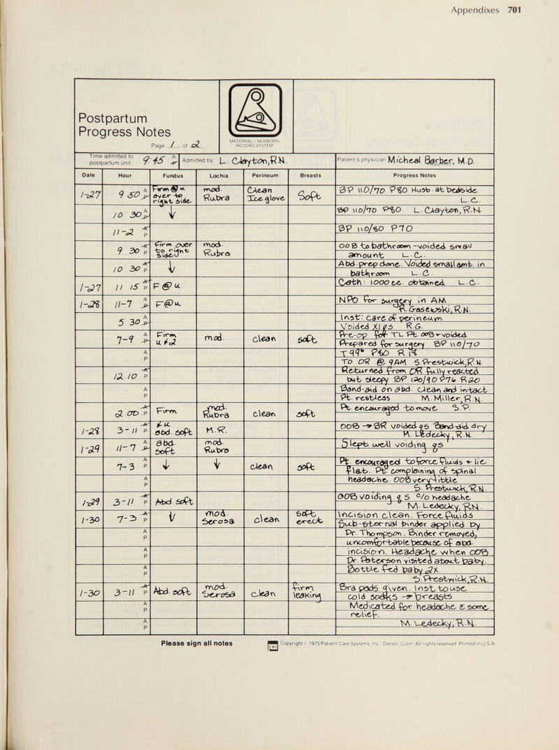 Appendixes Please sign all notes Copyright с 1975 Patient Саге Systems. Ine . Danen. Conn All rights resented Printed in U S.A