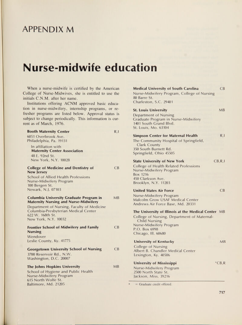 APPENDIX M Nurse-midwife education When a nurse-midwife is certified by the American College of Nurse-Midwives, she is entitled to use the initials C.N.M. after her name. Institutions offering ACNM approved basic educa¬ tion in nurse-midwifery, internship programs, or re¬ fresher programs are listed below. Approval status is subject to change periodically. This information is cur¬ rent as of March, 1976. Booth Maternity Center R,l 6051 Overbrook Ave. Philadelphia, Pa. 19131 In affiliation with Maternity Center Association 48 E. 92nd St. New York, N.Y. 10028 College of Medicine and Dentistry of CB New Jersey School of Allied Health Professions Nurse-Midwifery Program 100 Bergen St. Newark, N.J. 07103 Columbia University Graduate Program in MB Maternity Nursing and Nurse-Midwifery Department of Nursing, Faculty of Medicine Columbia-Presbyterian Medical Center 622 W. 168th St. New York, N.Y. 10032 Frontier School of Midwifery and Family CB Nursing Wendover Leslie County, Ky. 41775 Georgetown University School of Nursing CB 3700 Reservoir Rd., N.W. Washington, D.C. 20007 The Johns Hopkins University MB School of Hygiene and Public Health Nurse-Midwifery Program 615 North Wolfe St. Baltimore, Md. 21205 Medical University of South Carolina CB Nurse-Midwifery Program, College of Nursing 80 Barre St. Charleston, S.C. 29401 St. Louis University MB Department of Nursing Graduate Program in Nurse-Midwifery 1401 South Grand Blvd. St. Louis, Mo. 63104 Simpson Center for Maternal Health R,l The Community Hospital of Springfield, Clark County 350 South Burnett Rd. Springfield, Ohio 45505 State University of New York CB,R,I College of Health Related Professions Nurse-Midwifery Program Box 1216 450 Clarkson Ave. Brooklyn, N.Y. 11203 United States Air Force CB Nurse-Midwifery Program Malcolm Grow USAF Medical Center Andrews Air Force Base, Md. 20331 The University of Illinois at the Medical Center MB College of Nursing, Department of Maternal- Child Nursing Nurse-Midwifery Program P.O. Box 6998 Chicago, III. 60680 University of Kentucky MB College of Nursing Albert B. Chandler Medical Center Lexington, Ky. 40506 University of Mississippi *CB,R Nurse-Midwifery Program 2500 North State St. Jackson, Miss. 39216 = Graduate credit offered. 717