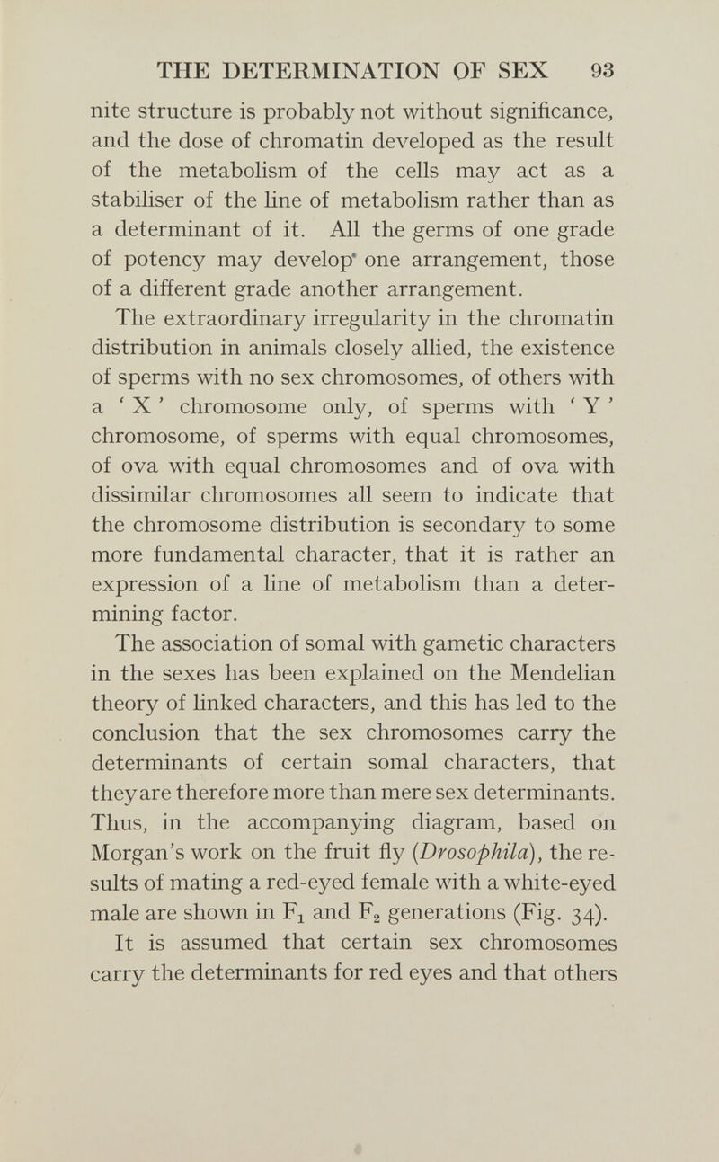 THE DETERMINATION OF SEX 93 nite structure is probably not without significance, and the dose of chromatin developed as the result of the metabolism of the cells may act as a stabiliser of the line of metabolism rather than as a determinant of it. All the germs of one grade of potency may develop* one arrangement, those of a different grade another arrangement. The extraordinary irregularity in the chromatin distribution in animals closely allied, the existence of sperms with no sex chromosomes, of others with a ' X ' chromosome only, of sperms with ' Y ' chromosome, of sperms with equal chromosomes, of ova with equal chromosomes and of ova with dissimilar chromosomes all seem to indicate that the chromosome distribution is secondary to some more fundamental character, that it is rather an expression of a line of metabolism than a deter¬ mining factor. The association of somal with gametic characters in the sexes has been explained on the Mendelian theory of linked characters, and this has led to the conclusion that the sex chromosomes carry the determinants of certain somal characters, that theyare therefore more than mere sex determinants. Thus, in the accompanying diagram, based on Morgan's work on the fruit ñy (Drosophüa), the re¬ sults of mating a red-eyed female with a white-eyed male are shown in Fj and Fa generations (Fig. 34). It is assumed that certain sex chromosomes carry the determinants for red eyes and that others «