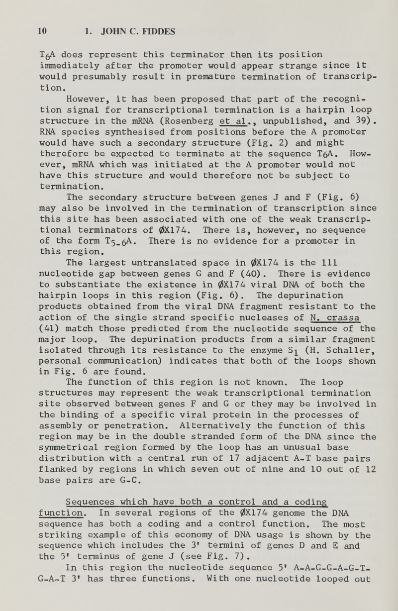 10 1. JOHN С. FroOES does represent this terminator then its position immediately after the promoter would appear strange since it would presumably result in premature termination of transcrip¬ tion. However, it has been proposed that part of the recogni¬ tion signal for transcriptional termination is a hairpin loop structure in the mRNA (Rosenberg et al.» unpublished, and 39). RNA species synthesised from positions before the A promoter would have such a secondary structure (Fig. 2) and might therefore be expected to terminate at the sequence ТбА. How¬ ever, mRNA which was initiated at the A promoter would not have this structure and would therefore not be subject to termination. The secondary structure between genes J and F (Fig. 6) may also be involved in the termination of transcription since this site has been associated with one of the weak transcrip¬ tional terminators of 0X174. There is, however, no sequence of the form T5_5A. There is no evidence for a promoter in this region. The largest untranslated space in 0X174 is the 111 nucleotide gap between genes G and F (40). There is evidence to substantiate the existence in 0X174 viral DNA of both the hairpin loops in this region (Fig. 6). The depurination products obtained from the viral DNA fragment resistant to the action of the single strand specific nucleases of N. crassa (41) match those predicted from the nucleotide sequence of the major loop. The depurination products from a similar fragment isolated through its resistance to the enzyme (H. Schaller, personal communication) indicates that both of the loops shown in Fig. 6 are found. The function of this region is not known. The loop structures may represent the weak transcriptional termination site observed between genes F and G or they may be involved in the binding of a specific viral protein in the processes of assembly or penetration. Alternatively the function of this region may be in the double stranded form of the DNA since the symmetrical region formed by the loop has an unusual base distribution with a central run of 17 adjacent A-T base pairs flanked by regions in which seven out of nine and 10 out of 12 base pairs are G-C. Sequences which have both a control and a coding function. In several regions of the 0X174 genome the DNA sequence has both a coding and a control function. The most striking example of this economy of DNA usage is shown by the sequence which includes the 3' termini of genes D and E and the 5' terminus of gene J (see Fig. 7). In this region the nucleotide sequence 5' A-A-G-G-A-G-T- G-A-T 3' has three functions. With one nucleotide looped out