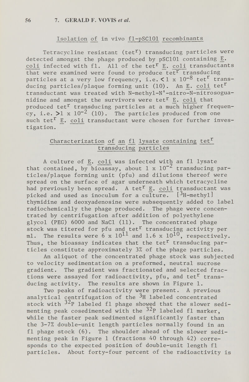 56 7. GERALD F. VOVIS et al. Isolation of in vivo f1-pSClOl recombinants Tetracycline resistant (tet^) transducing particles were detected amongst the phage produced by pSClOl containing coli infected with fl. All of the tet^ coli transductants that were examined were found to produce tet^ transducing particles at a very low frequency, i.e. <1 x 10^ tet^ trans¬ ducing particles/plaque forming unit (10). An coli tet^ transductant was treated with N-methyl-N'-nitro-N-nitrosogua- nidine and amongst the survivors were tet^ _E. coli that produced tet^ transducing particles at a much higher frequen¬ cy, i.e. >1 X 10~2 (10). The particles produced from one such tet^ coli transductant were chosen for further inves¬ tigation. Characterization of an f1 lysate containing tet^ transducing particles A culture of coli was infected with an fl lysate that contained, by bioassay, about 1 x 10^ transducing par¬ ticles/plaque forming unit (pfu) and dilutions thereof were spread on the surface of agar underneath which tetracycline had previously been spread. A tet^ coli transductant was picked and used as inoculum for a culture. [^H-methyl] thymidine and deoxyadenosine were subsequently added to label radiochemically the phage produced. The phage were concen¬ trated by centrifugation after addition of polyethylene glycol (PEG) 6000 and NaCl (11). The concentrated phage stock was titered for pfu and tet^ transducing activity per ml. The results were 6 x 10^^ and 1.6 x 10^^, respectively. Thus, the bioassay indicates that the tet^ transducing par¬ ticles constitute approximately 3% of the phage particles. An aliquot of the concentrated phage stock was subjected to velocity sedimentation on a preformed, neutral sucrose gradient. The gradient was fractionated and selected frac¬ tions were assayed for radioactivity, pfu, and tet^ trans¬ ducing activity. The results are shown in Figure 1. Two peaks of radioactivity were present. A previous analytical centrifugation of the labeled concentrated stock with labeled fl phage showed that the slower sedi- menting peak cosedimented with the ^^P labeled fl marker, while the faster peak sedimented significantly faster than the 3-7% double-unit length particles normally found in an fl phage stock (6). The shoulder ahead of the slower sedi- menting peak in Figure 1 (fractions 40 through 42) corre¬ sponds to the expected position of double-unit length fl particles. About forty-four percent of the radioactivity is