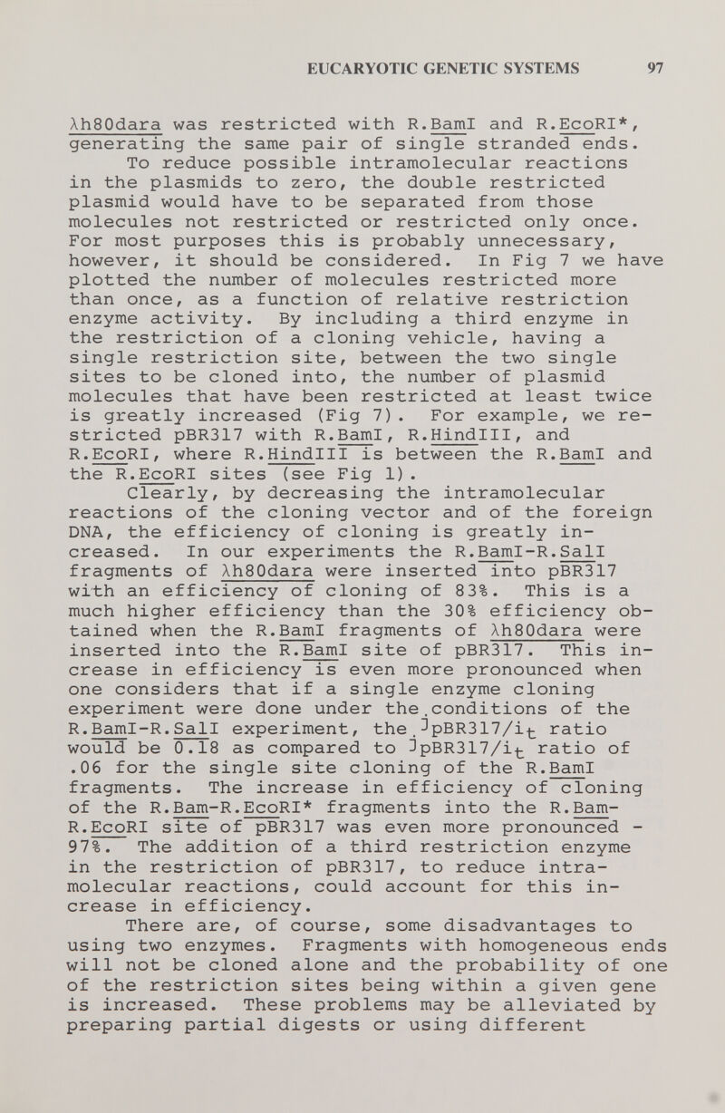 EUCARYOTIC GENETIC SYSTEMS 97 AhSOdara was restricted with R.BamI and R.EcoRI*, generating the same pair of single stranded ends. To reduce possible intramolecular reactions in the Plasmids to zero, the double restricted Plasmid would have to be separated from those molecules not restricted or restricted only once. For most purposes this is probably unnecessary, however, it should be considered. In Fig 7 we have plotted the number of molecules restricted more than once, as a function of relative restriction enzyme activity. By including a third enzyme in the restriction of a cloning vehicle, having a single restriction site, between the two single sites to be cloned into, the number of plasmid molecules that have been restricted at least twice is greatly increased (Fig 7). For example, we re¬ stricted pBR317 with R.BamI, R.Hindlll, and R.EcoRI, where R.Hindlll is between the R.BamI and the R.EcoRI sites (see Fig 1). Clearly, by decreasing the intramolecular reactions of the cloning vector and of the foreign DNA, the efficiency of cloning is greatly in¬ creased. In our experiments the R.Baml-R.Sail fragments of AhSOdara were inserted into pBR317 with an efficiency of cloning of 83%. This is a much higher efficiency than the 30% efficiency ob¬ tained when the R.BamI fragments of XhSOdara were inserted into the R.BamI site of pBR317. This in¬ crease in efficiency is even more pronounced when one considers that if a single enzyme cloning experiment were done under the.conditions of the R. Baml-R. Sail experiment, the . ^pBR317/i-(- ratio would be 0.18 as compared to ^pBR317/i-|- ratio of .06 for the single site cloning of the R.BamI fragments. The increase in efficiency of cloning of the R.Bam-R.EcoRI* fragments into the R.Bam- R.EcoRI site of pBR317 was even more pronounced - 97%. The addition of a third restriction enzyme in the restriction of pBR317, to reduce intra¬ molecular reactions, could account for this in¬ crease in efficiency. There are, of course, some disadvantages to using two enzymes. Fragments with homogeneous ends will not be cloned alone and the probability of one of the restriction sites being within a given gene is increased. These problems may be alleviated by preparing partial digests or using different