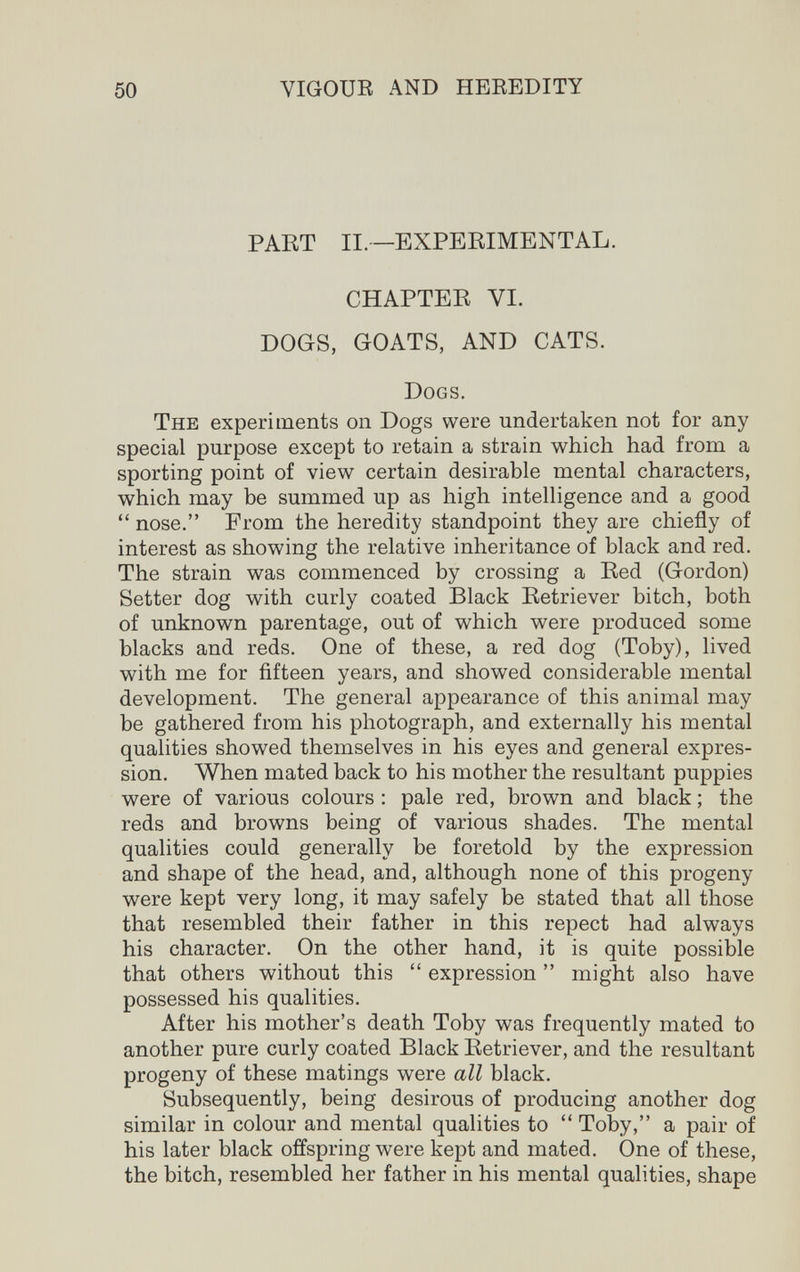 50 VIGOUR AND HEREDITY PART П.—EXPERIMENTAL. CHAPTER VI. DOGS, GOATS, AND CATS. Dogs. The experiments on Dogs were undertaken not for any special purpose except to retain a strain which had from a sporting point of view certain desirable mental characters, which may be summed up as high intelligence and a good  nose. From the heredity standpoint they are chiefly of interest as showing the relative inheritance of black and red. The strain was commenced by crossing a Red (Gordon) Setter dog with curly coated Black Retriever bitch, both of unknown parentage, out of which were produced some blacks and reds. One of these, a red dog (Toby), lived with me for fifteen years, and showed considerable mental development. The general appearance of this animal may be gathered from his photograph, and externally his mental qualities showed themselves in his eyes and general expres¬ sion. When mated back to his mother the resultant puppies were of various colours : pale red, brown and black ; the reds and browns being of various shades. The mental qualities could generally be foretold by the expression and shape of the head, and, although none of this progeny were kept very long, it may safely be stated that all those that resembled their father in this repect had always his character. On the other hand, it is quite possible that others without this  expression  might also have possessed his qualities. After his mother's death Toby was frequently mated to another pure curly coated Black Retriever, and the resultant progeny of these matings were all black. Subsequently, being desirous of producing another dog similar in colour and mental qualities to  Toby, a pair of his later black offspring were kept and mated. One of these, the bitch, resembled her father in his mental qualities, shape