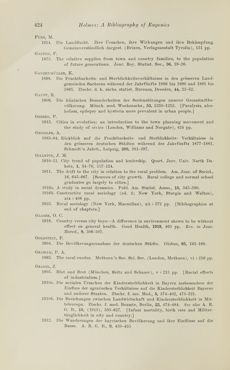 Fuss, M. 1914. Die Landflucht. Ihre Ursachen, ihre Wirkungen und ihre Bekämpfung. Gemeinverständlich dargest. (Brixen, Verlagsanstalt Tyrolia), 151 pp. Galton, F. 1873. The relative supplies from town and country families, to the population of future generations. Jour. Roy. Statist. Soc., 36, 19—26. Ganzenmüller, K. 1898. Die Fruchtbarkeits- und Sterblichkeitsverhältnisse in den grösseren Land gemeinden Sachsens während der Jahrfiinfte 1886 bis 1890 und 1891 bis 1895. Ztschr. d. k. sächs. statist. Bureaus, Dresden, 44, 23-52. Gaupp, R. 1906. Die klinischen Besonderheiten der Seelenstörungen unserer Grossstadtbe völkerung. Münch, med. Wochenschr., 53, 1250-1252. [Paralysis, alco holism, epilepsy and hysteria more prevalent in urban people.] Geddes , P. 1915. Cities in evolution: an introduction to the town planning movement and the study of civics (London, Williams and Norgate), 424 pp. Geissler, A. 1883-84. Rückblick auf die Fruchtbarkeits- und Sterblichkeits- Verhältnisse in den grösseren deutschen Städten während des Jahrfünfts 1877-1881. Schmidt's Jahrb., Leipzig, 200, 281—297. Gillette , J. M. 1910-11. City trend of population and leadership. Quart. Jour. Univ. North Da kota, 1, 54-76, 117-124. 1911. The drift to the city in relation to the rural problem. Am. Jour, of Sociol., 16, 645-667. [Sources of city growth. Rural college and normal school graduates go largely to cities.] 1916a. A study in social dynamics. Pubi. Am. Statist. Assoc., 15, 345-380. 1916b. Constructive rural sociology (ed. 2; New York, Sturgis and Walton), xix + 408 pp. 1922. Rural sociology (New York, Macmillan), xii + 572 pp. [Bibliographies at end of chapters.] Glaser, O. C. 1918. Country versus city boys—A difference in environment shown to be without effect on general health. Good Health, 1918, 463 pp. Rev. in Jour. Hered., 9, 306-307. Goldstein, F. 1904. Die Bevölkerungszunahme der deutschen Städte. Globus, 85, 165-168. Graham, P. A. 1892. The rural exodus. Methuen's Soc. Sci. Ser. (London, Methuen), vi + 216 pp. Grassl , J. 1905. Blut und Brot (München, Seitz and Schauer), v + 213 pp. [Racial effects of industrialism.] 1910o. Die sozialen Ursachen der Kindersterblichkeit in Bayern insbesondere der Einfluss der agrarischen Verhältnisse auf die Kindersterblichkeit Bayerns und anderer Staaten. Ztschr. f. soz. Med., 5, 374-402, 473-521. 19106. Die Beziehungen zwischen Landwirtschaft und Kindersterblichkeit in Mit teleuropa. Ztschr. f. med. Beamte, Berlin, 23, 474-484. See also A. R. G. B., 10, (1913), 595-627. [Infant mortality, birth rate and Militar- täuglichkeit in city and country.] 1912. Die Wanderungen der bayrischen Bevölkerung und ihre Einflüsse auf die Rasse. A. R. G. B., 9, 430-453.