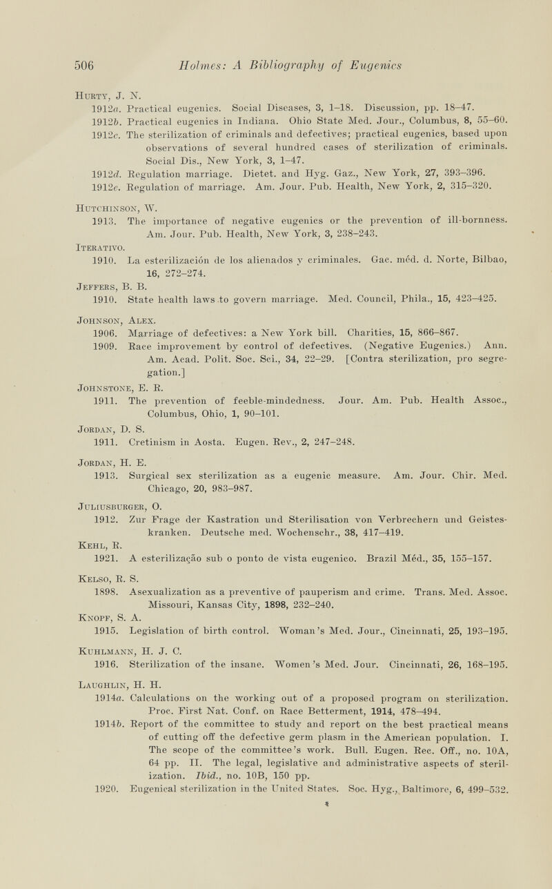 Hurty, J. N. 1912(7. Practical eugenics. Social Diseases, 3, 1-18. Discussion, pp. 18-47. 1912b. Practical eugenics in Indiana. Ohio State Med. Jour., Columbus, 8, 55-60. 1912c. The sterilization of criminals and defectives; practical eugenics, based upon observations of several hundred cases of sterilization of criminals. Social Dis., New York, 3, 1-47. 1912 d. Regulation marriage. Dietet. and Hyg. Gaz., New York, 27, 393—396. 1912e. Regulation of marriage. Am. Jour. Pub. Health, New York, 2, 315—320. Hutchinson, W. 1913. The importance of negative eugenics or the prevention of ill-bornness. Am. Jour. Pub. Health, New York, 3, 238-243. Iterativo. 1910. La esterilización de los alienados y criminales. Gac. méd. d. Norte, Bilbao, 16, 272-274. Jeffers , B. B. 1910. State health laws to govern marriage. Med. Council, Phila., 15, 423-425. Johnson, Alex. 1906. Marriage of defectives: a New York bill. Charities, 15, 866—867. 1909. Race improvement by control of defectives. (Negative Eugenics.) Ann. Am. Acad. Polit. Soc. Sci., 34, 22-29. [Contra sterilization, pro segre gation.] Johnstone , E. R. 1911. The prevention of feeblemindedness. Jour. Am. Pub. Health Assoc., Columbus, Ohio, 1, 90-101. Jordan , D. S. 1911. Cretinism in Aosta. Eugen. Rev., 2, 247-248. Jordan, H. E. 1913. Surgical sex sterilization as a eugenic measure. Am. Jour. Chir. Med. Chicago, 20, 983-987. J uliusburger, O. 1912. Zur Frage der Kastration und Sterilisation von Verbrechern und Geistes kranken. Deutsche med. Wochenschr., 38, 417-419. Kehl, R. 1921. A esterilizaçâo sub o ponto de vista eugenico. Brazil Méd., 35, 155—157. Kelso, R. S. 1898. Asexualization as a preventive of pauperism and crime. Trans. Med. Assoc. Missouri, Kansas City, 1898, 232-240. Knopf, S. A. 1915. Legislation of birth control. Woman's Med. Jour., Cincinnati, 25, 193—195. Kuhlmann , H. J. C. 1916. Sterilization of the insane. Women's Med. Jour. Cincinnati, 26, 168-195. Laughlin, H. H. 1914a. Calculations on the working out of a proposed program on sterilization. Proc. First Nat. Conf. on Race Betterment, 1914, 478-494. 1914b. Report of the committee to study and report on the best practical means of cutting off the defective germ plasm in the American population. I. The scope of the committee's work. Bull. Eugen. Ree. Off., no. 10A, 64 pp. II. The legal, legislative and administrative aspects of steril ization. Ibid., no. 10B, 150 pp. 1920. Eugenical sterilization in the United States. Soc. Hyg. ; Baltimore, 6, 499-532. *
