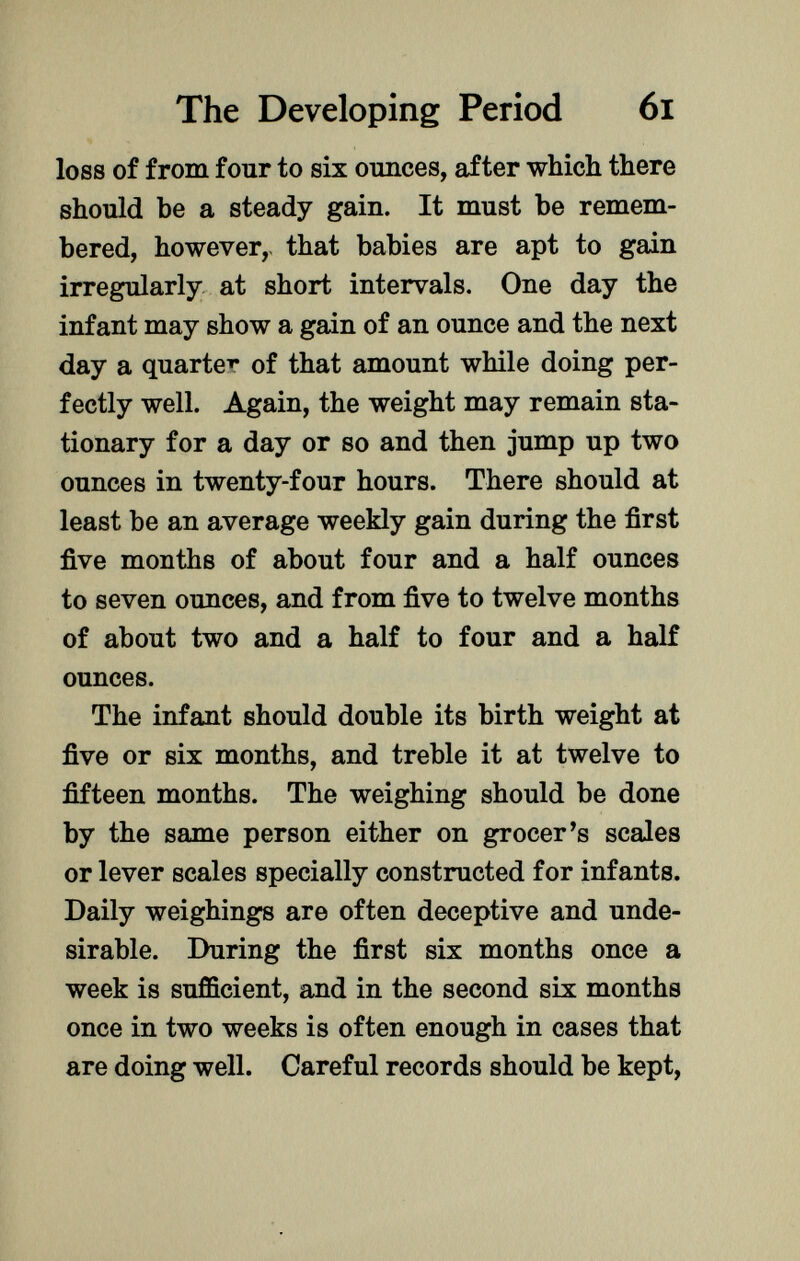 loss of from four to six ounces, after which there should be a steady gain. It must be remem bered, however, that babies are apt to gain irregularly at short intervals. One day the infant may show a gain of an ounce and the next day a quarte 1 * of that amount while doing per fectly well. Again, the weight may remain sta tionary for a day or so and then jump up two ounces in twenty-four hours. There should at least be an average weekly gain during the first five months of about four and a half ounces to seven ounces, and from five to twelve months of about two and a half to four and a half ounces. The infant should double its birth weight at five or six months, and treble it at twelve to fifteen months. The weighing should be done by the same person either on grocer's scales or lever scales specially constructed for infants. Daily weighings are often deceptive and unde sirable. During the first six months once a week is sufficient, and in the second six months once in two weeks is often enough in cases that are doing well. Careful records should be kept,