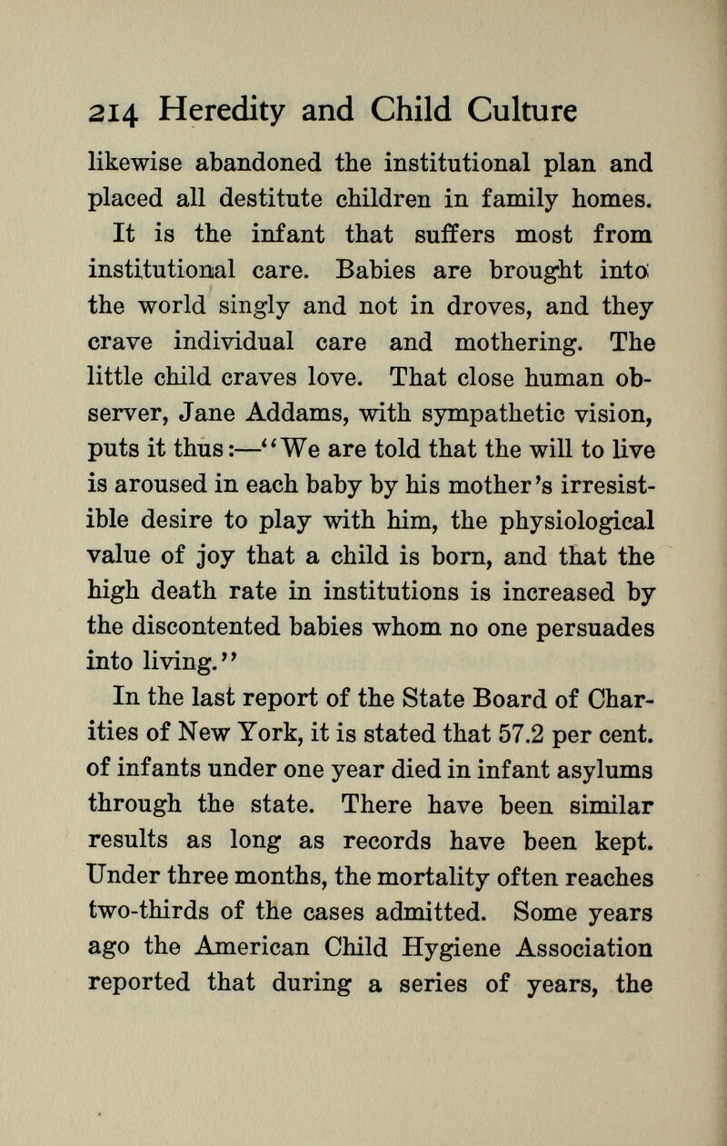 likewise abandoned the institutional plan and placed all destitute children in family homes. It is the infant that suffers most from institutional care. Babies are brought into; the world singly and not in droves, and they crave individual care and mothering. The little child craves love. That close human ob server, Jane Addams, with sympathetic vision, puts it thus :—We are told that the will to live is aroused in each baby by his mother's irresist ible desire to play with him, the physiological value of joy that a child is born, and that the high death rate in institutions is increased by the discontented babies whom no one persuades into living. In the last report of the State Board of Char ities of New York, it is stated that 57.2 per cent, of infants under one year died in infant asylums through the state. There have been similar results as long as records have been kept. Under three months, the mortality often reaches two-thirds of the cases admitted. Some years ago the American Child Hygiene Association reported that during a series of years, the