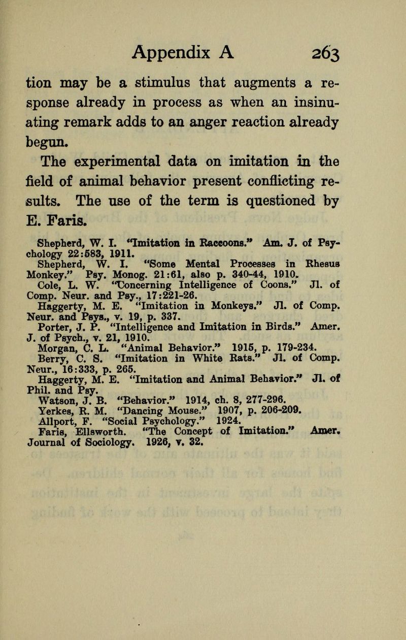 tion may be a stimulus that augments a re sponse already in process as when an insinu ating remark adds to an anger reaction already begun. The experimental data on imitation in the field of animal behavior present conflicting re sults. The use of the term is questioned by E. Faris. Shepherd, W. I. Imitation in Raccoons. Am. J. of Psy chology 22:583, 1911. Shepherd, W. I. Some Mental Processes in Rhesus Monkey. Psy. Monog. 21:61, also p. 340-44, 1910. Cole, L. W. Concerning Intelligence of Coons. Jl. of Comp. Neur. and Psy., 17:221-26. Haggerty, M. E. Imitation in Monkeys. Jl. of Comp. Neur. and Psys., v. 19, p. 337. Porter, J. P. Intelligence and Imitation in Birds. Amer. J. of Psych., v. 21, 1910. Morgan, C. L. Animal Behavior. 1915, p. 179-234. Berry, C. S. Imitation in White Rats. Jl. of Comp. Neur., 16:333, p. 265. Haggerty, M. E. Imitation and Animal Behavior. Jl. of Phil, and Psy. Watson, J. B. Behavior. 1914, ch. 8, 277-296. Yerkes, R. M. Dancing Mouse. 1907, p. 206-209. Allport, F. Social Psychology. 1924. Faris, Ellsworth. The Concept of Imitation. Amer. Journal of Sociology. 1926, v. 32.