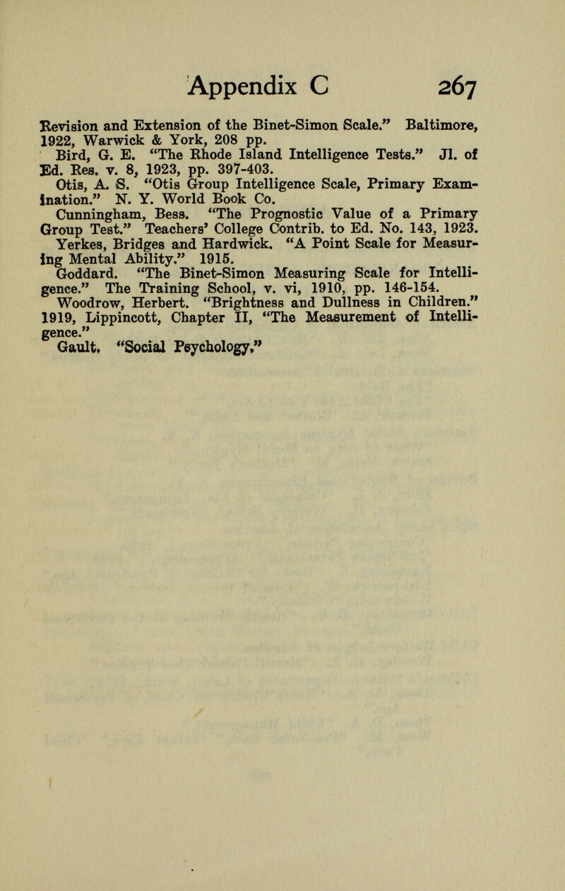 Revision and Extension of the Binet-Simon Scale. Baltimore, 1922, Warwick & York, 208 pp. Bird, G. E. The Rhode Island Intelligence Tests. Jl. of Ed. Res. v. 8, 1923, pp. 397-403. Otis, A. S. Otis Group Intelligence Scale, Primary Exam ination. N. Y. World Book Co. Cunningham, Bess. The Prognostic Value of a Primary- Group Test. Teachers' College Contrib. to Ed. No. 143, 1923. Yerkes, Bridges and Hardwick. A Point Scale for Measur ing Mental Ability. 1915. Goddard. The Binet-Simon Measuring Scale for Intelli gence. The Training School, v. vi, 1910, pp. 146-154. Woodrow, Herbert. Brightness and Dullness in Children. 1919, Lippincott, Chapter II, The Measurement of Intelli gence. Gault, Social Psychology,