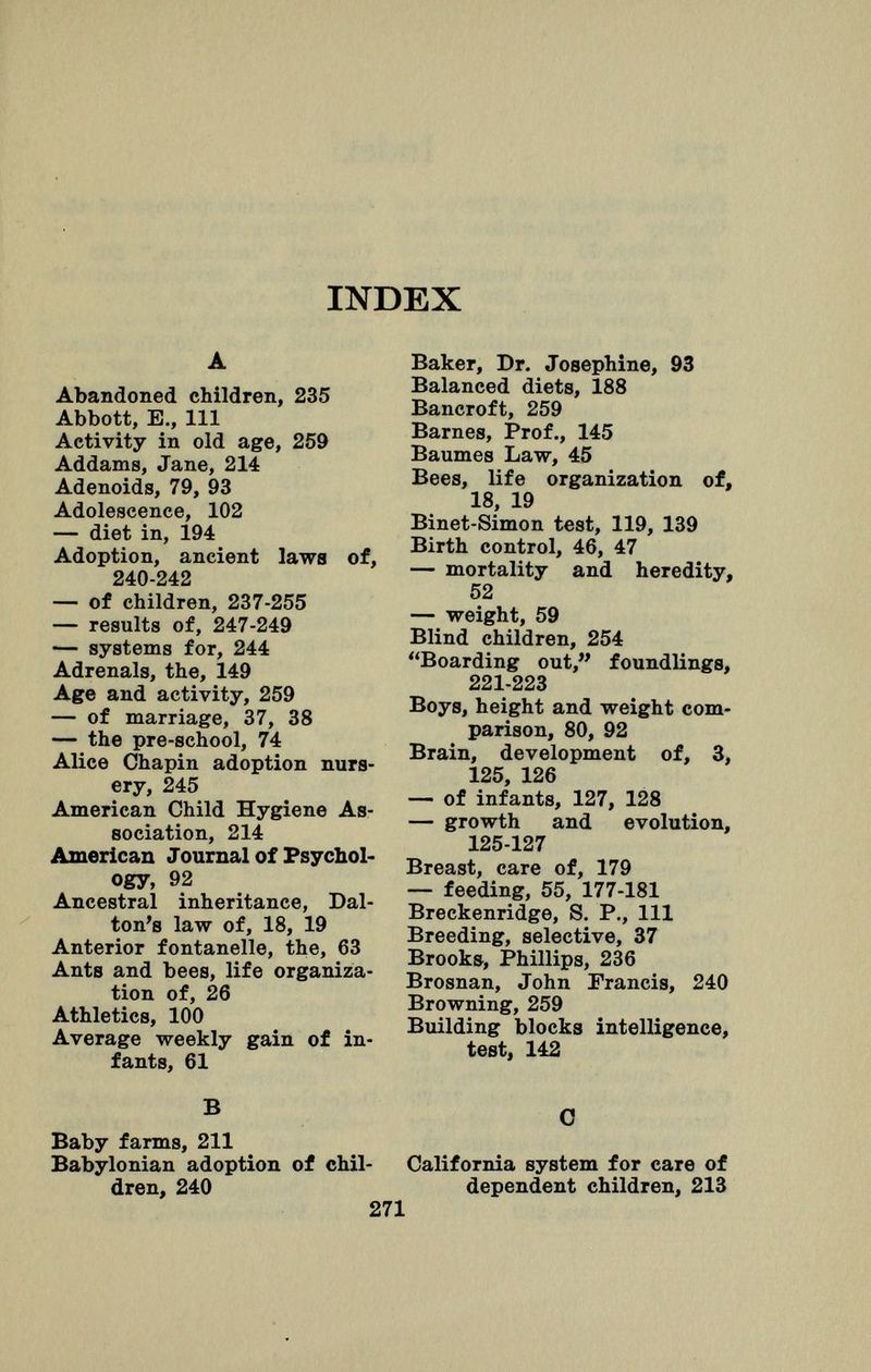 INDEX A Abandoned children, 235 Abbott, E., Ill Activity in old age, 259 Addams, Jane, 214 Adenoids, 79, 93 Adolescence, 102 — diet in, 194 Adoption, ancient laws of, 240-242 — of children, 237-255 — results of, 247-249 — systems for, 244 Adrenals, the, 149 Age and activity, 259 — of marriage, 37, 38 — the pre-school, 74 Alice Chapin adoption nurs ery, 245 American Child Hygiene As sociation, 214 American Journal of Psychol ogy, 92 Ancestral inheritance, Dal- ton's law of, 18, 19 Anterior fontanelle, the, 63 Ants and bees, life organiza tion of, 26 Athletics, 100 Average weekly gain of in fants, 61 Baker, Dr. Josephine, 93 Balanced diets, 188 Bancroft, 259 Barnes, Prof., 145 Baumes Law, 45 Bees, life organization of, 18, 19 Binet-Simon test, 119, 139 Birth control, 46, 47 — mortality and heredity, 52 — weight, 59 Blind children, 254 Boarding out, foundlings, 221-223 Boys, height and weight com parison, 80, 92 Brain, development of, 3, 125, 126 — of infants, 127, 128 — growth and evolution, 125-127 Breast, care of, 179 — feeding, 55, 177-181 Breckenridge, S. P., Ill Breeding, selective, 37 Brooks, Phillips, 236 Brosnan, John Francis, 240 Browning, 259 Building blocks intelligence, test, 142 * C Baby farms, 211 Babylonian adoption of chil- California system for care of dren, 240 dependent children, 213 271