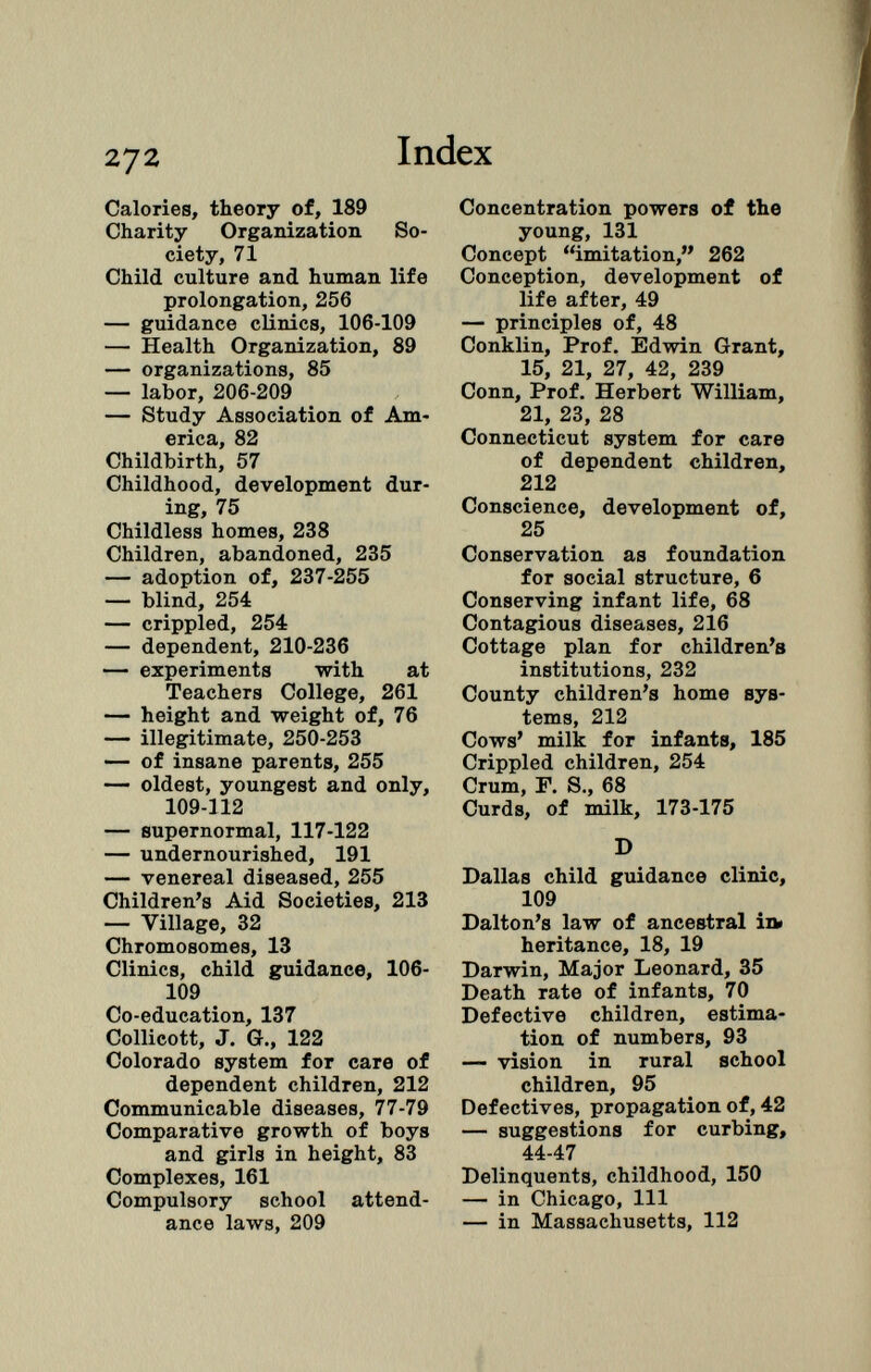 Calories, theory of, 189 Charity Organization So ciety, 71 Child culture and human life prolongation, 256 — guidance clinics, 106-109 — Health Organization, 89 — organizations, 85 — labor, 206-209 — Study Association of Am erica, 82 Childbirth, 57 Childhood, development dur ing, 75 Childless homes, 238 Children, abandoned, 235 — adoption of, 237-255 — blind, 254 — crippled, 254 — dependent, 210-236 — experiments with at Teachers College, 261 — height and weight of, 76 — illegitimate, 250-253 — of insane parents, 255 — oldest, youngest and only, 109-312 — supernormal, 117-122 — undernourished, 191 — venereal diseased, 255 Children's Aid Societies, 213 — Village, 32 Chromosomes, 13 Clinics, child guidance, 106- 109 Co-education, 137 Collicott, J. G., 122 Colorado system for care of dependent children, 212 Communicable diseases, 77-79 Comparative growth of boys and girls in height, 83 Complexes, 161 Compulsory school attend ance laws, 209 Concentration powers of the young, 131 Concept imitation, 262 Conception, development of life after, 49 — principles of, 48 Conklin, Prof. Edwin Grant, 15, 21, 27, 42, 239 Conn, Prof. Herbert William, 21, 23, 28 Connecticut system for care of dependent children, 212 Conscience, development of, 25 Conservation as foundation for social structure, 6 Conserving infant life, 68 Contagious diseases, 216 Cottage plan for children's institutions, 232 County children's home sys tems, 212 Cows' milk for infants, 185 Crippled children, 254 Crum, F. S., 68 Curds, of milk, 173-175 D Dallas child guidance clinic, 109 Dalton's law of ancestral in» heritance, 18, 19 Darwin, Major Leonard, 35 Death rate of infants, 70 Defective children, estima tion of numbers, 93 — vision in rural school children, 95 Defectives, propagation of, 42 — suggestions for curbing, 44-47 Delinquents, childhood, 150 — in Chicago, 111 — in Massachusetts, 112