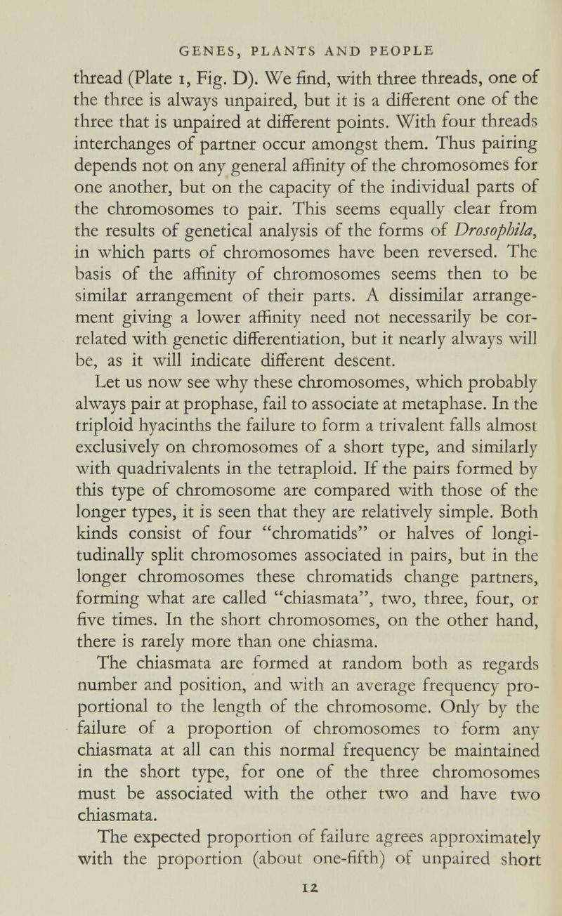 GENES, PLANTS AND PEOPLE thread (Plate i. Fig. D). We find, with three threads, one of the three is always unpaired, but it is a different one of the three that is unpaired at different points. With four threads interchanges of partner occur amongst them. Thus pairing depends not on any general affinity of the chromosomes for one another, but on the capacity of the individual parts of the chromosomes to pair. This seems equally clear from the results of genetical analysis of the forms of Drosophila^ in which parts of chromosomes have been reversed. The basis of the affinity of chromosomes seems then to be similar arrangement of their parts. A dissimilar arrange¬ ment giving a lower affinity need not necessarily be cor¬ related with genetic differentiation, but it nearly always will be, as it will indicate different descent. Let us now see why these chromosomes, which probably always pair at prophase, fail to associate at metaphase. In the triploid hyacinths the failure to form a trivalent falls almost exclusively on chromosomes of a short type, and similarly with quadrivalents in the tetraploid. If the pairs formed by this type of chromosome are compared with those of the longer types, it is seen that they are relatively simple. Both kinds consist of four chromatids or halves of longi¬ tudinally split chromosomes associated in pairs, but in the longer chromosomes these chromatids change partners, forming what are called chiasmata, two, three, four, or five times. In the short chromosomes, on the other hand, there is rarely more than one chiasma. The chiasmata are formed at random both as regards number and position, and with an average frequency pro¬ portional to the length of the chromosome. Only by the failure of a proportion of chromosomes to form any chiasmata at all can this normal frequency be maintained in the short type, for one of the three chromosomes must be associated with the other two and have two chiasmata. The expected proportion of failure agrees approximately with the proportion (about one-fifth) of unpaired short iz